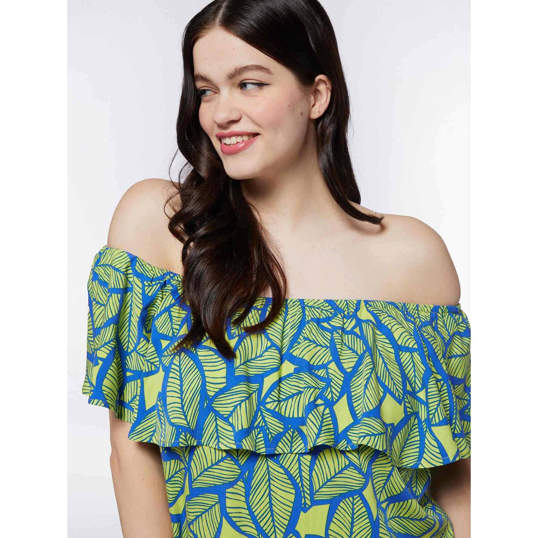 Fiorella Rubino - Vestito lungo off shoulders dalla stampa foliage - Bluette