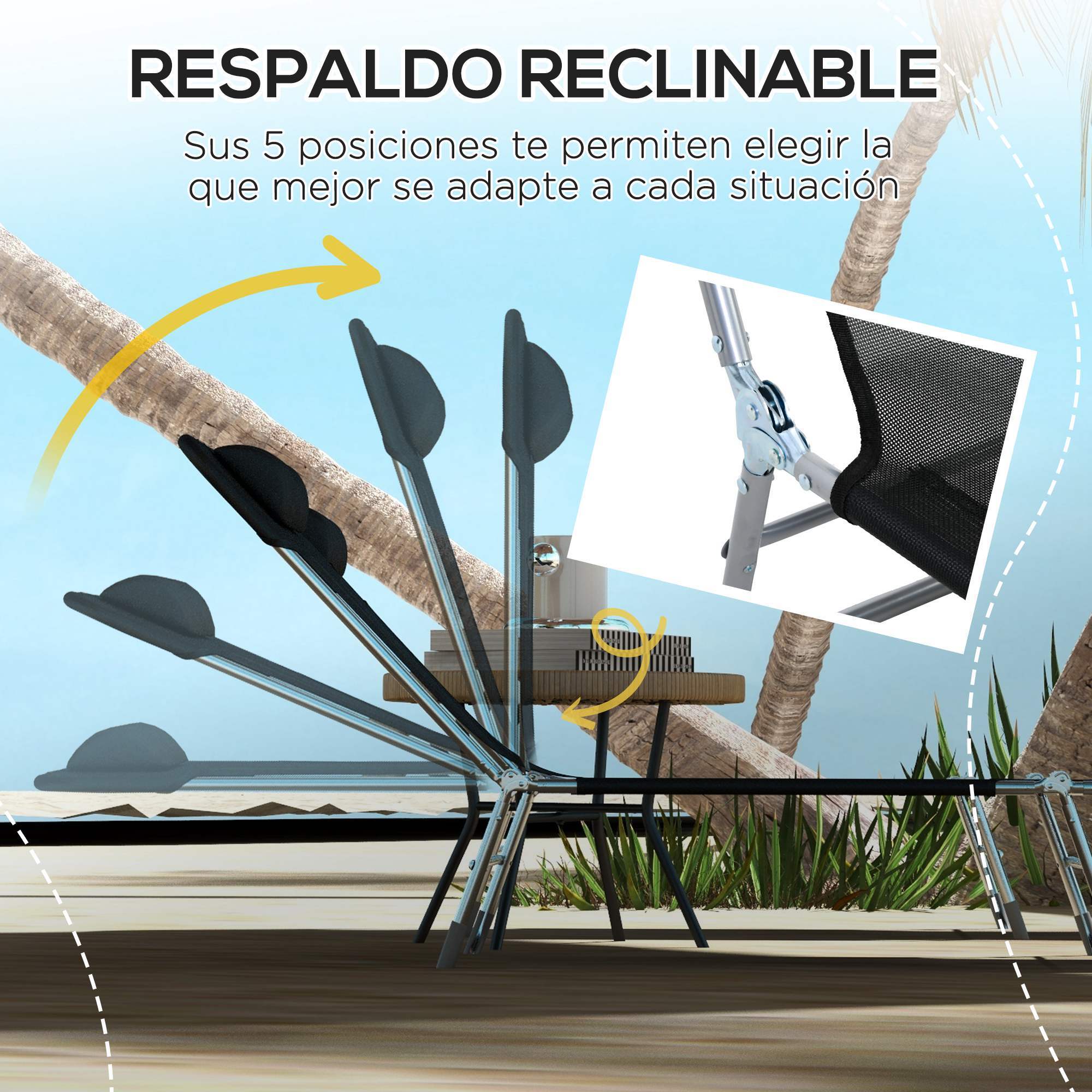 Conjunto de 2 Tumbonas Plegables y Reclinables de Jardín con Reposacabezas y Respaldo Ajustable en 5 Niveles Carga 120 kg para Playa Terraza 182x56x24,5 cm Negro