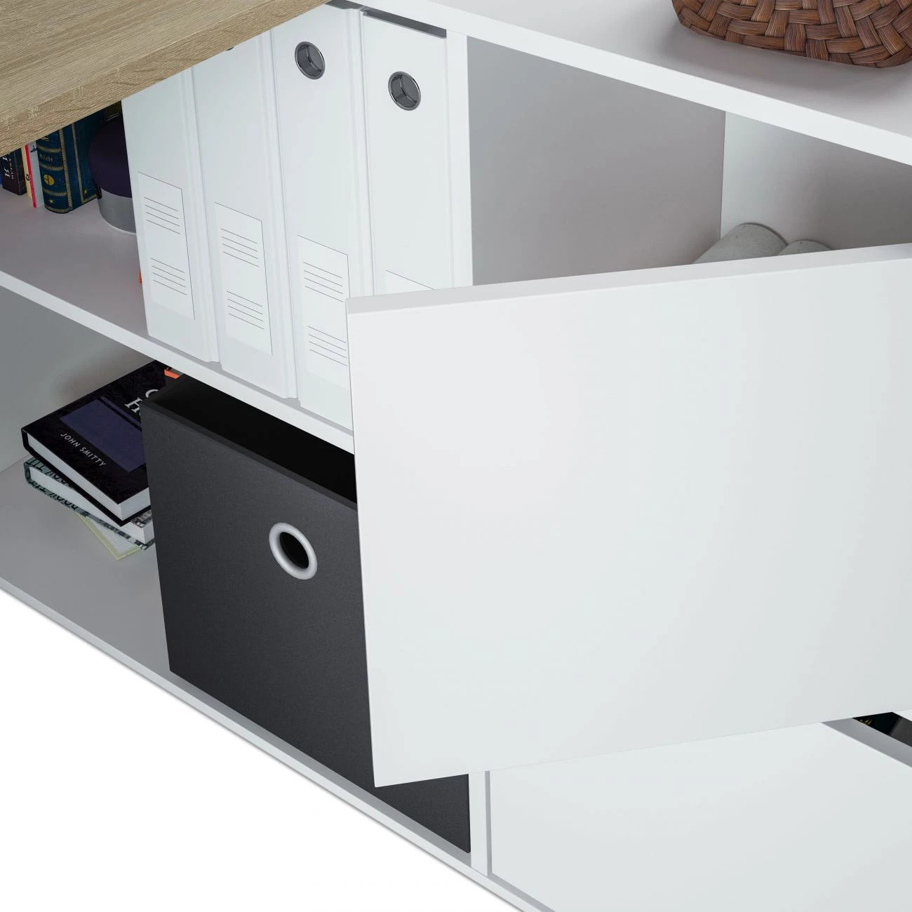 Mesa de escritorio Adapta XL Blanco Artik (Blanco Mate) - Roble Canadian