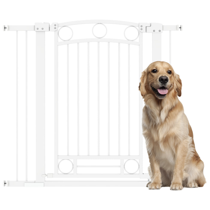 Barrera para Perros Puerta para Perros con Ancho Ajustable 76-104 cm Barrera de Seguridad para Perros Altura 96 cm con 2 Extensiones para Escaleras y Puertas Blanco