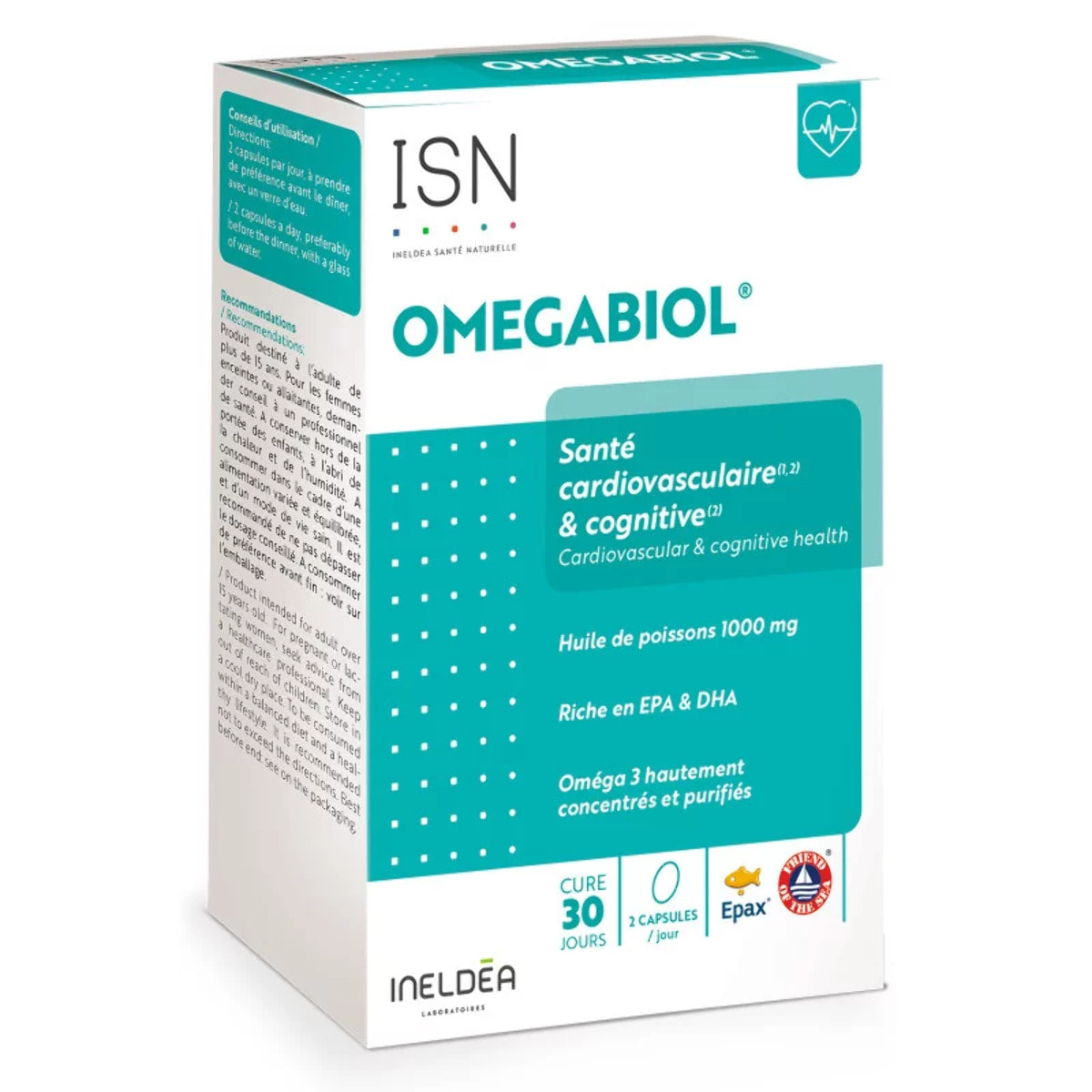 ISN - Ineldea Santé Naturelle Omegabiol - Complément alimentaire à base d'oméga 3 - Riche en EPA & DHA - Maintien de l'équilibre cardiovasculaire et fonctions cognitives - Sans Gluten - Cure 30 jours