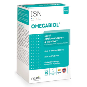 ISN - Ineldea Santé Naturelle Omegabiol - Complément alimentaire à base d'oméga 3 - Riche en EPA & DHA - Maintien de l'équilibre cardiovasculaire et fonctions cognitives - Sans Gluten - Cure 30 jours