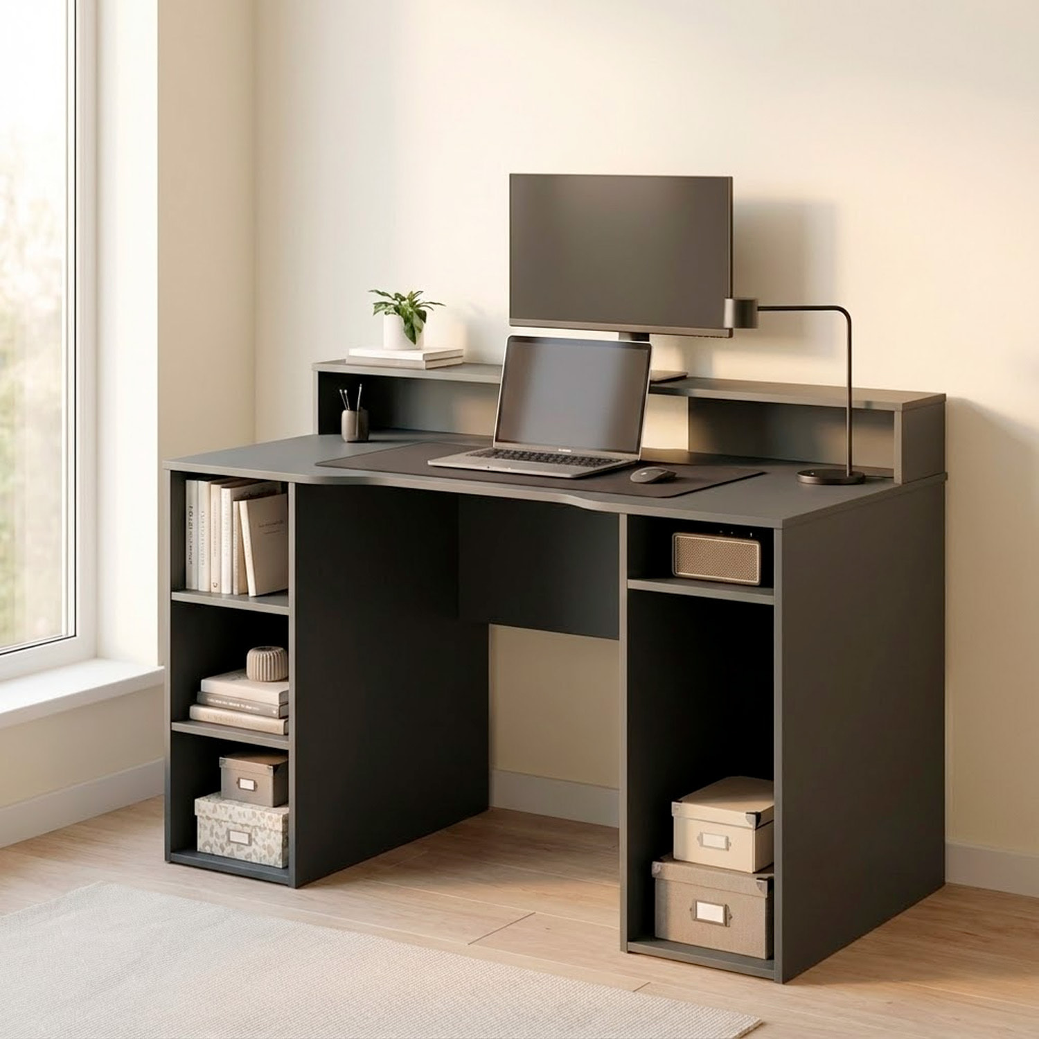 Scrivania Gaming Con Ripiani Porta PC E Supporto Monitor Con Passacavi Tavolo Gamer Reversibile Ampio Piano Setup 136 x 67 x 88 Cm Grigio Antracite