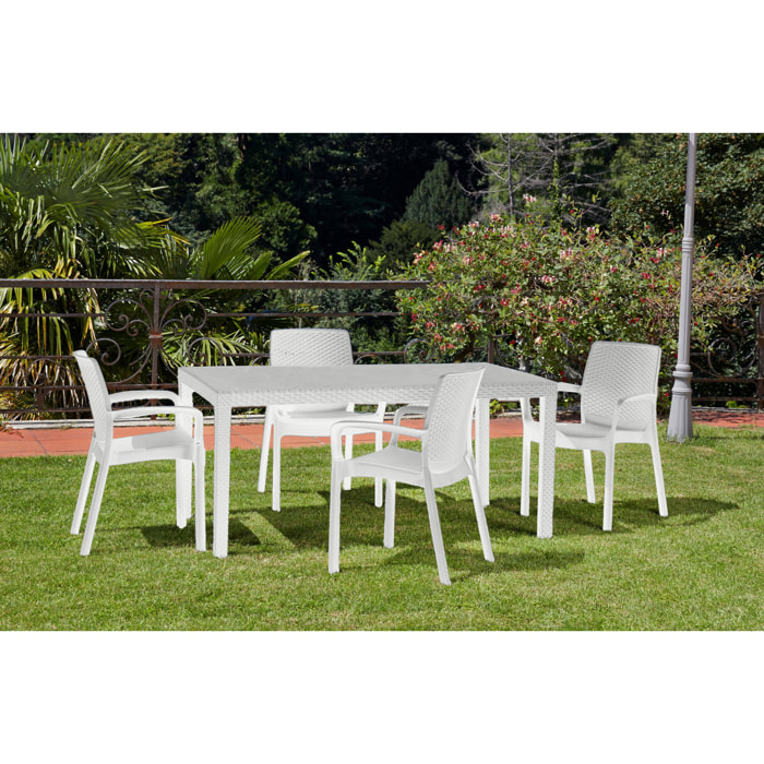 Sedia da esterno Viterbo, Seduta da giardino, Sedia per tavolo da pranzo, Poltrona outdoor effetto rattan, 100 % Made in Italy, Set da 4, Cm 54x60h82, Bianco