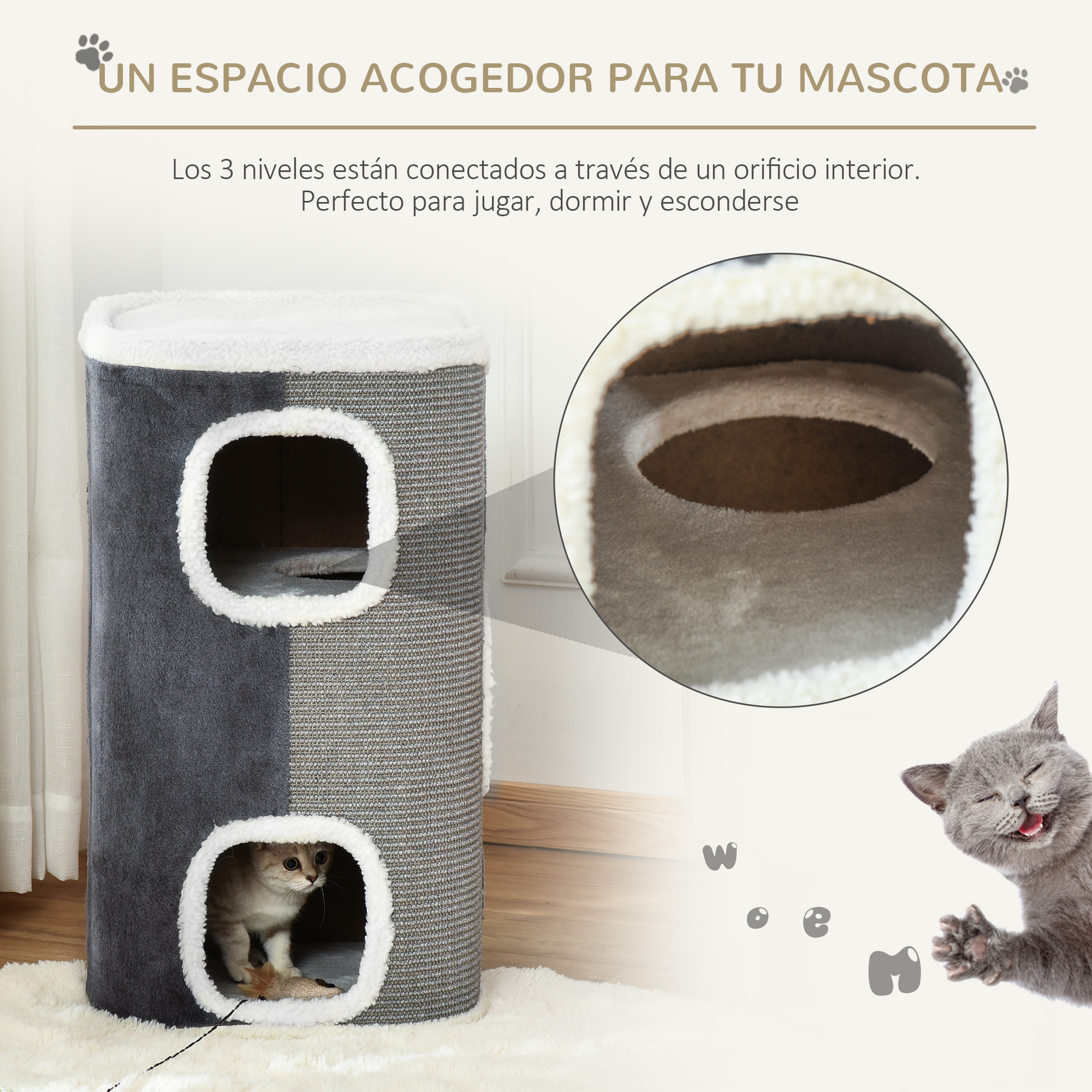 Barril Rascador para Gatos 74 cm de Altura Tonel de Escalada con 3 Cuevas de Sisal y Felpa Plataforma de Lana 40x40x74 cm Gris