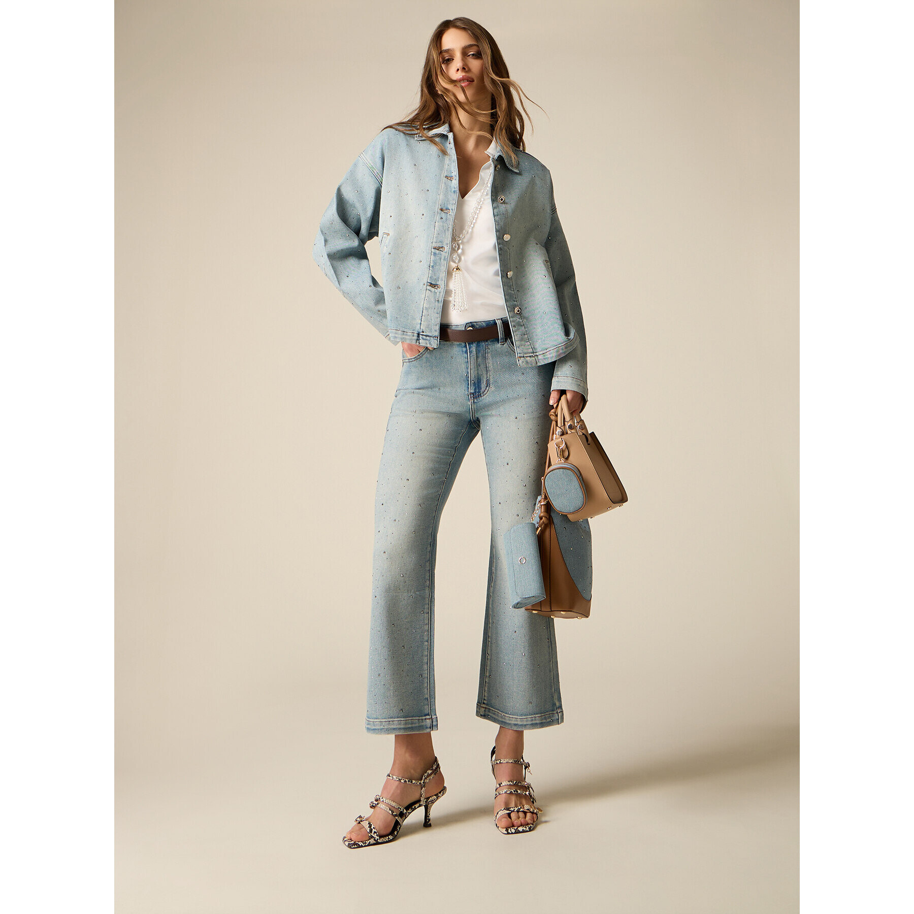 Oltre - Jeans cropped flare con cristales - Light - blue