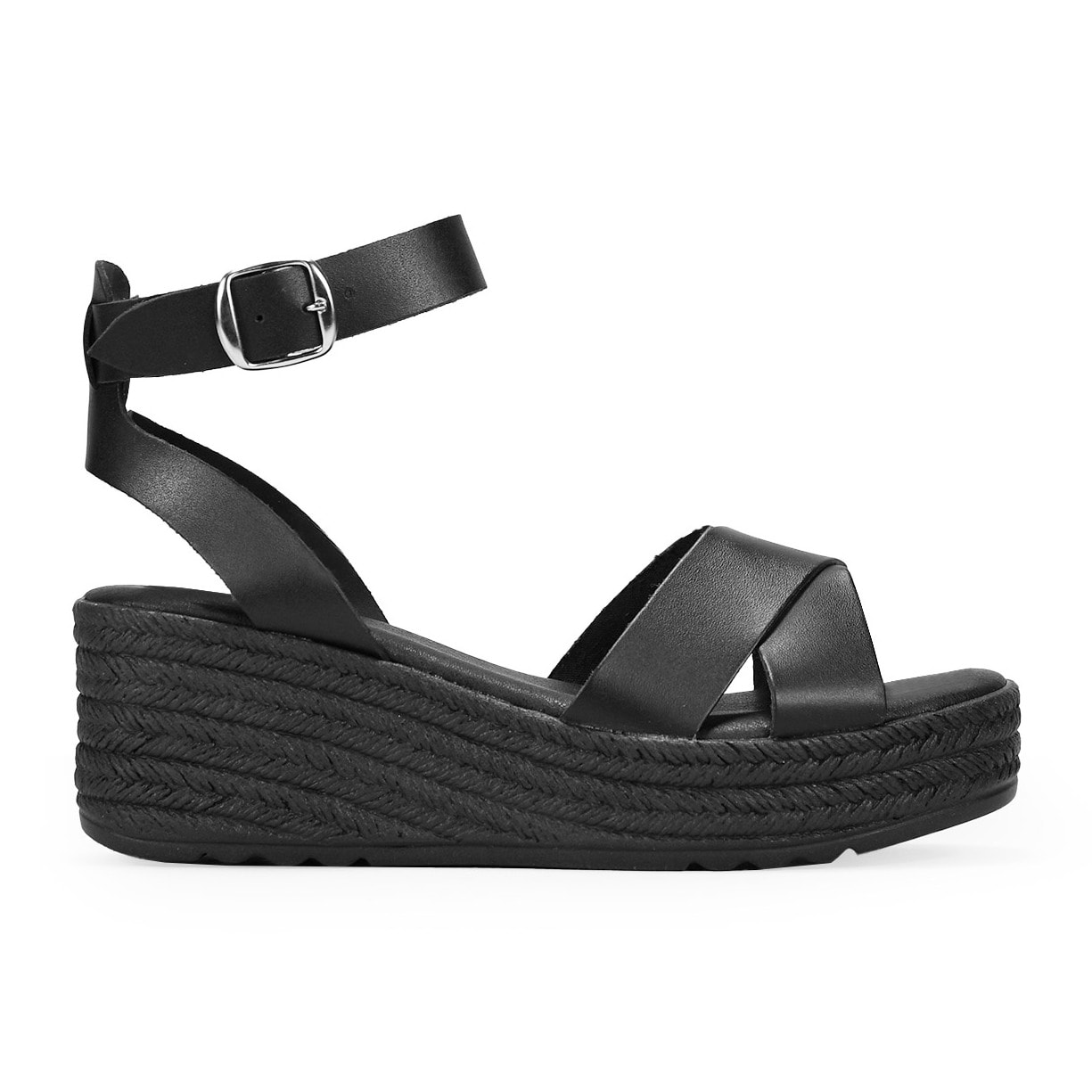 Sandalias de piel con cuña de esparto negras