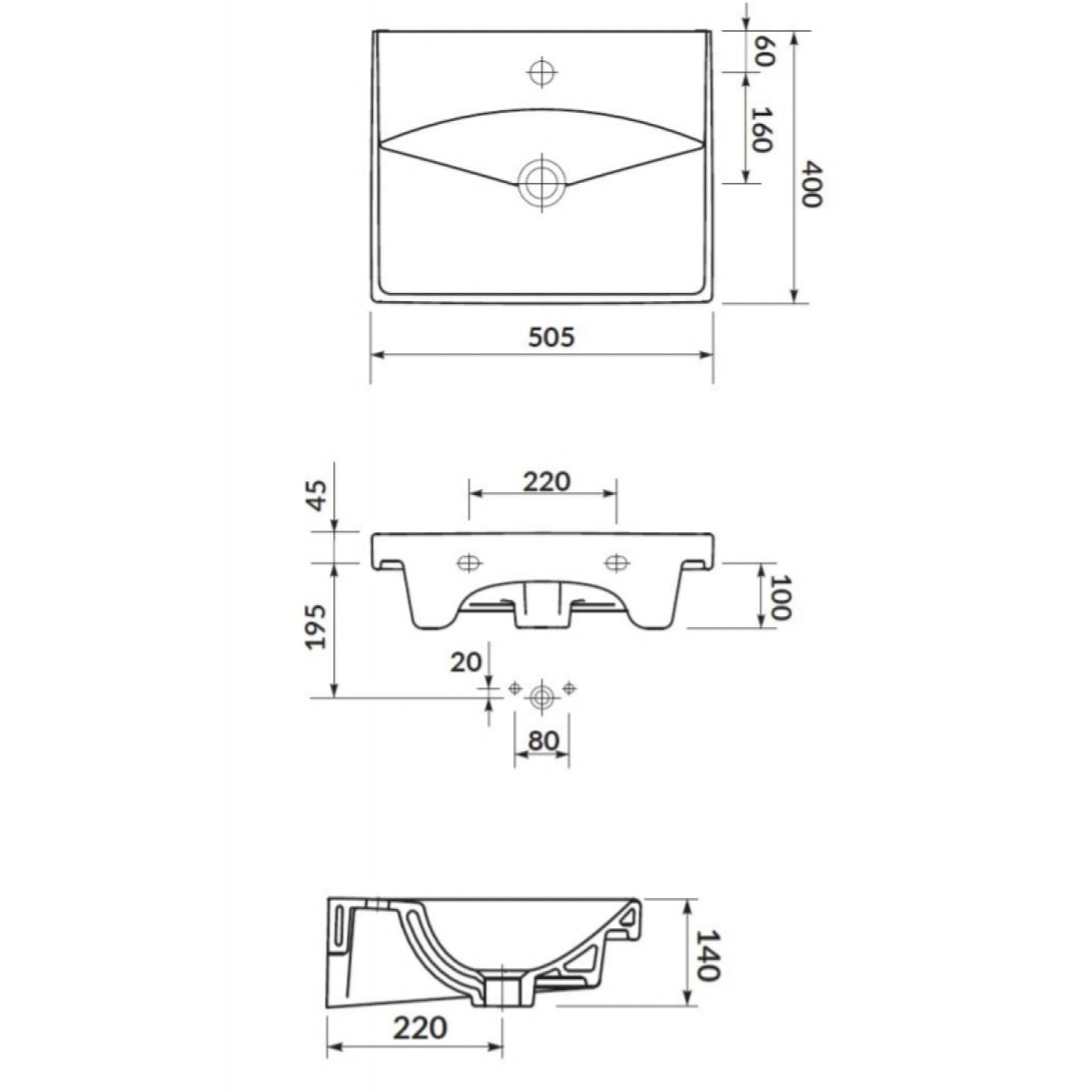 Brevis Lavabo suspendu avec trou pour robinetterie au milieu, 50,5x40x14cm (SATBRE5040S)