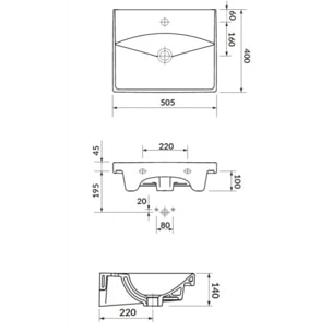 Brevis Lavabo suspendu avec trou pour robinetterie au milieu, 50,5x40x14cm (SATBRE5040S)