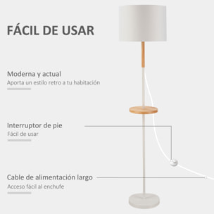 HOMCOM Lámpara de Pie con Estante de Madera Pantalla de Tela Casquillo E27 Máx. de 40W y Interruptor de Pie Moderno para Salón Dormitorio Estudio Ø35x155 cm Blanco