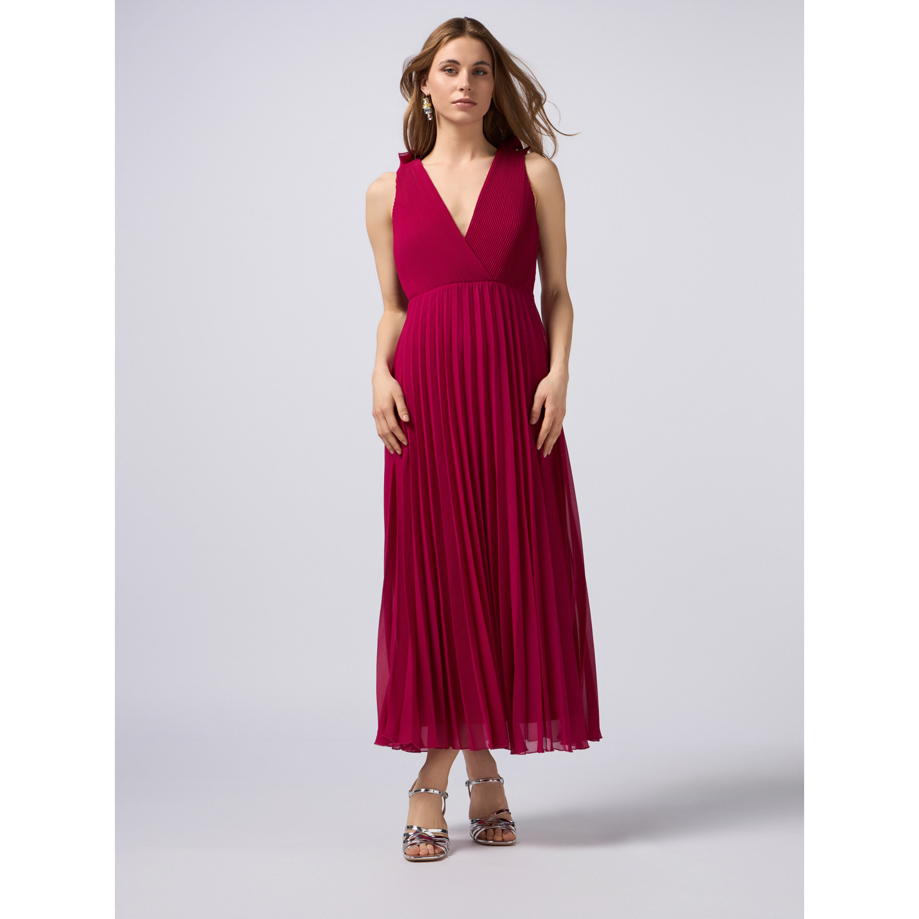 Oltre - Vestito lungo plissé con rouche - Fucsia