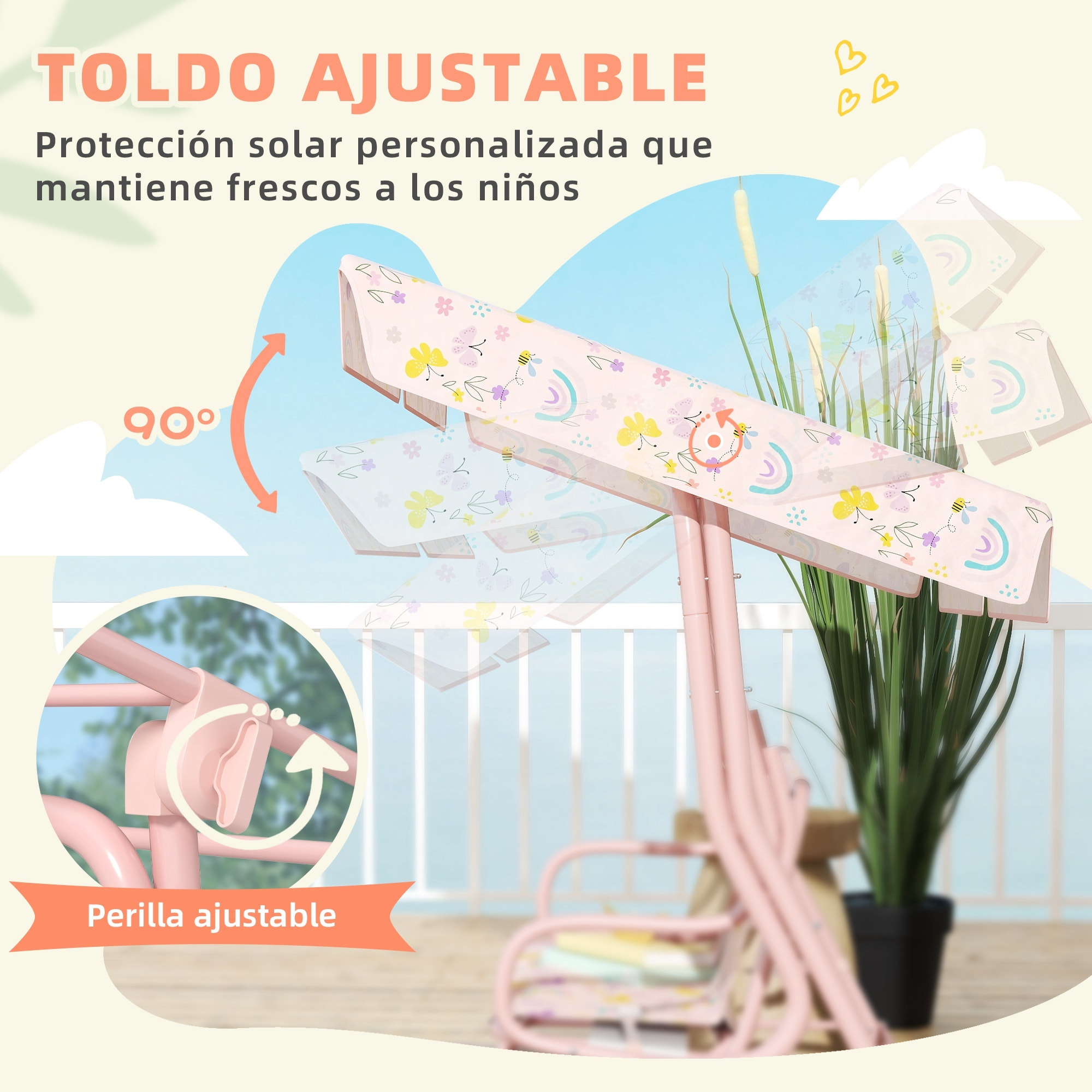 Columpio de Jardín Exterior para Niños de +3 Años Balancín de Jardín Exterior de 2 Plazas con Toldo Ajustable Arnés de Seguridad y Estampados Bonitos 112x75x120 cm Rosa