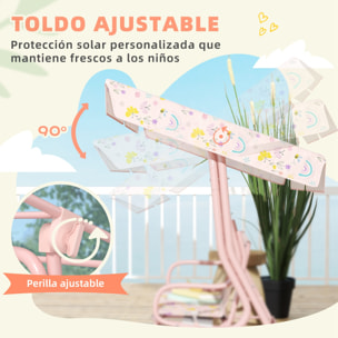 Columpio de Jardín Exterior para Niños de +3 Años Balancín de Jardín Exterior de 2 Plazas con Toldo Ajustable Arnés de Seguridad y Estampados Bonitos 112x75x120 cm Rosa
