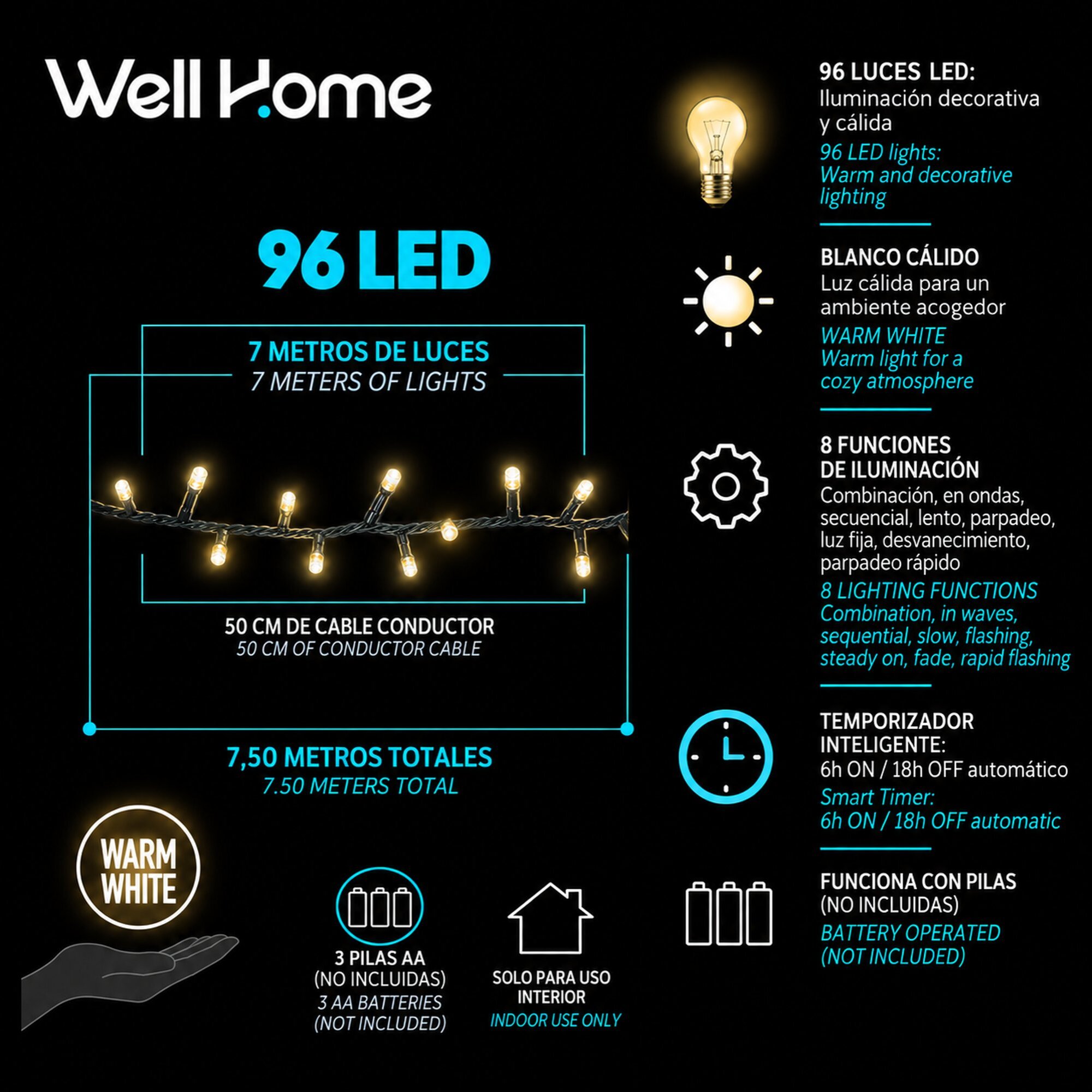 Guirnalda con 96 Luces LED en blanco cálido con controlador de 8 funciones
