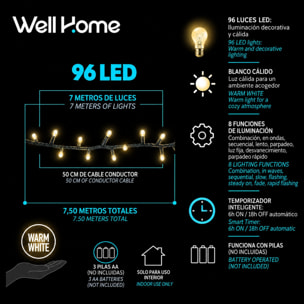 Guirnalda con 96 Luces LED en blanco cálido con controlador de 8 funciones