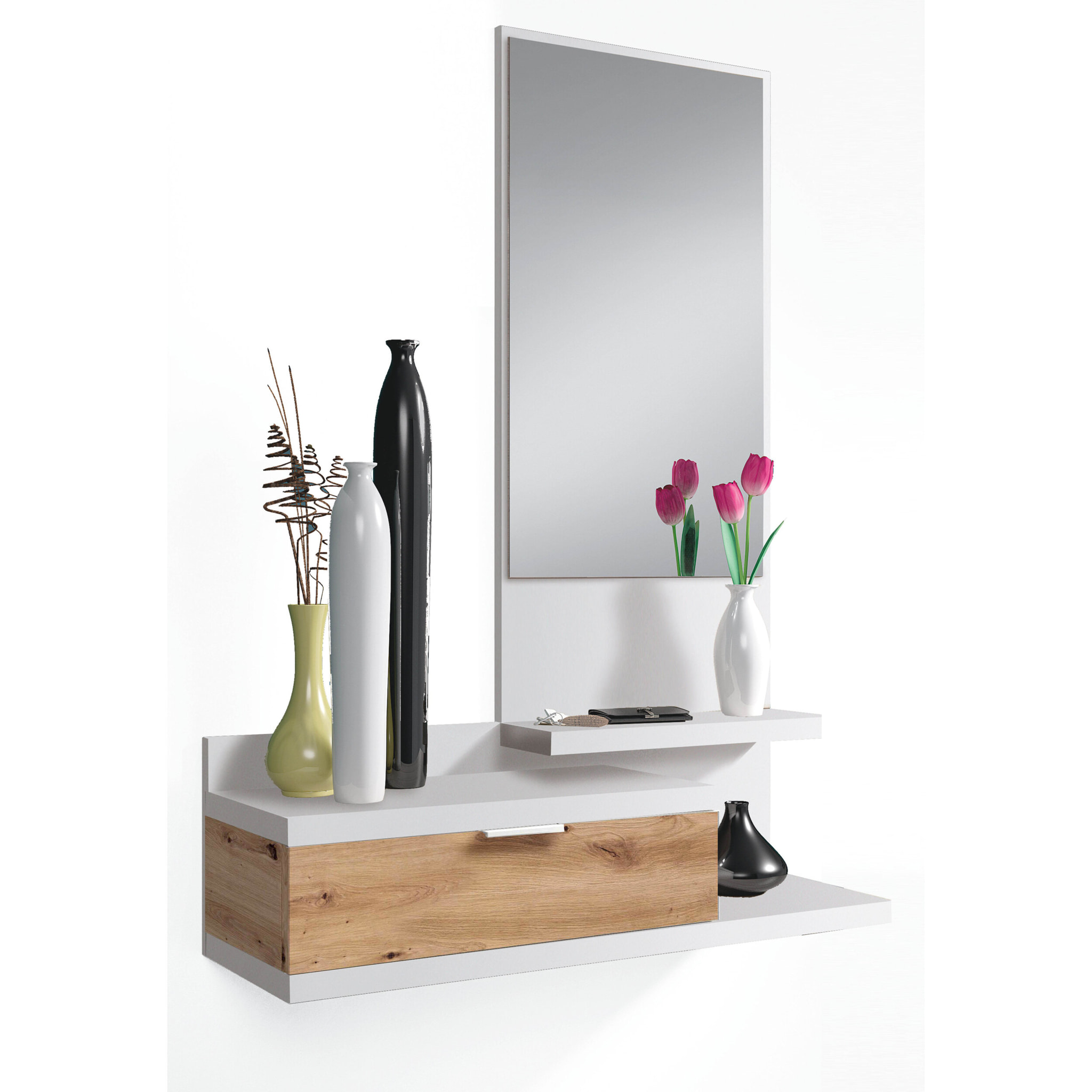 Mobile Ingresso Con Cassetto Specchio E Mensola Design Moderno Salvaspazio Ideale Per Ingresso Soggiorno Con Stile 81x116x29 Cm Bianco E Rovere