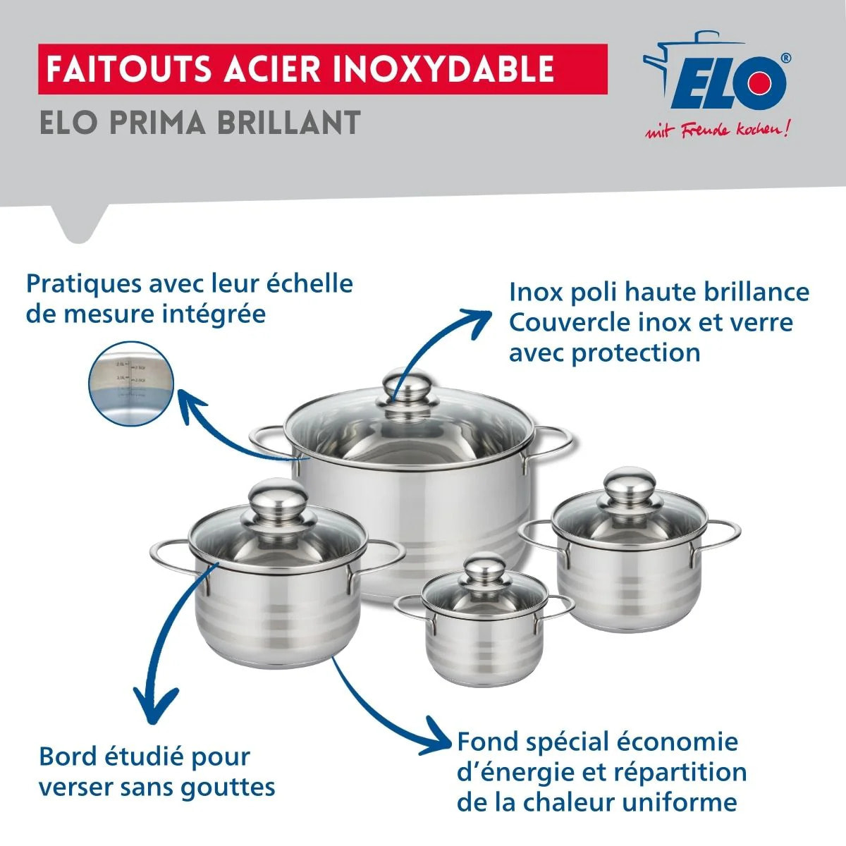 Ensemble de 2 Poêles de cuisson 24 et 32 cm et 4 faitouts 12, 14, 16 et 24 cm Elo Prima Brillant