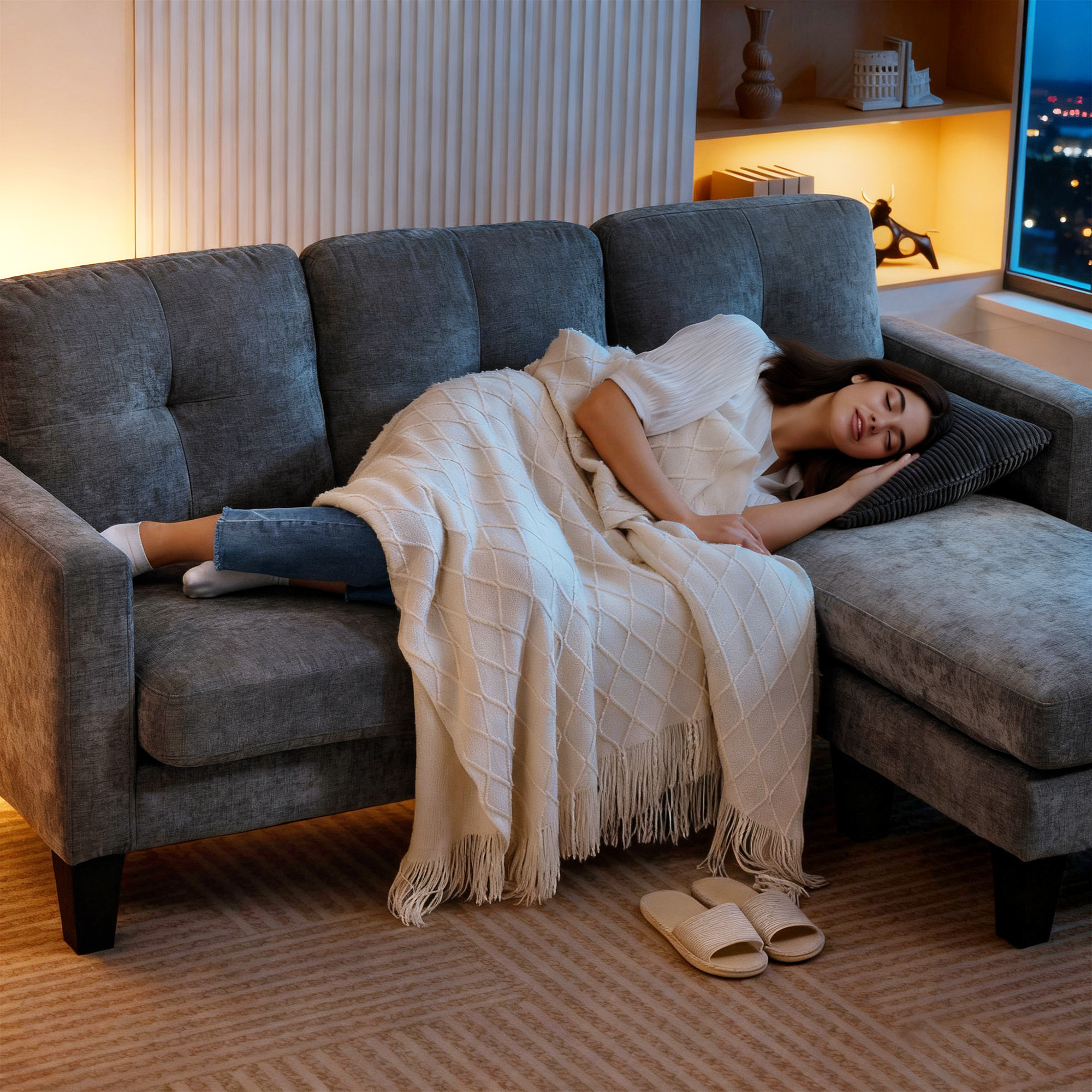 Sofá Chaise Longue Reversible, Sofá de 3 Plazas en Forma de L, Tapizado en Chenilla, Asiento y Respaldo Acolchados, Estructura de Acero, 186x130x84 cm, Gris Oscuro