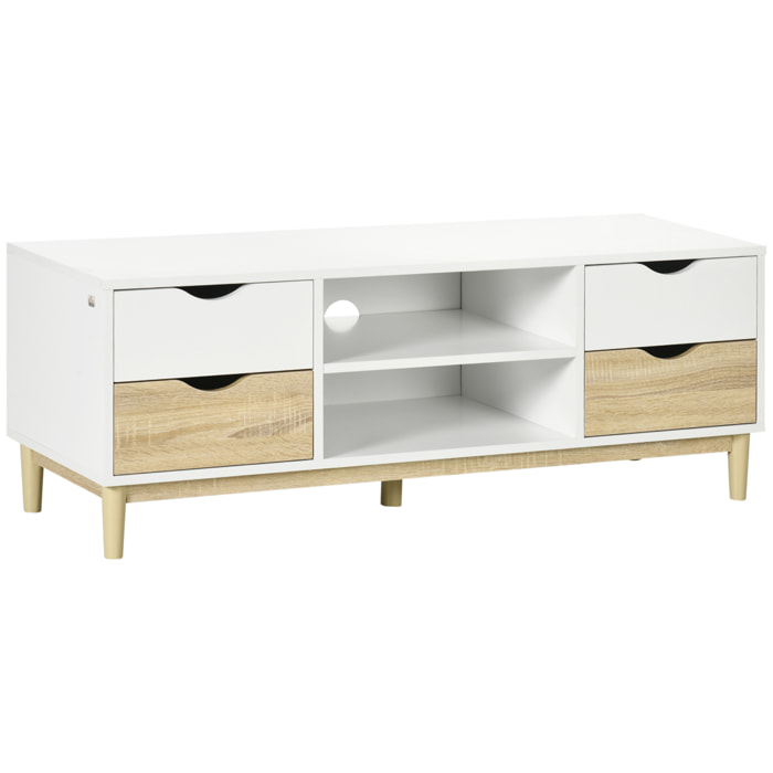 Mueble TV de Salón Mesa para TV para Televisores de hasta 55" con Estantes de Almacenamiento y 4 Cajones para Dormitorio 120x40x44,5 cm Blanco y Roble