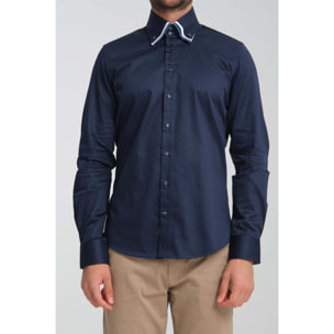 Camicia Uomo 2 Bottoni Button Down Triplo Collo Slim Satin Unito Blu