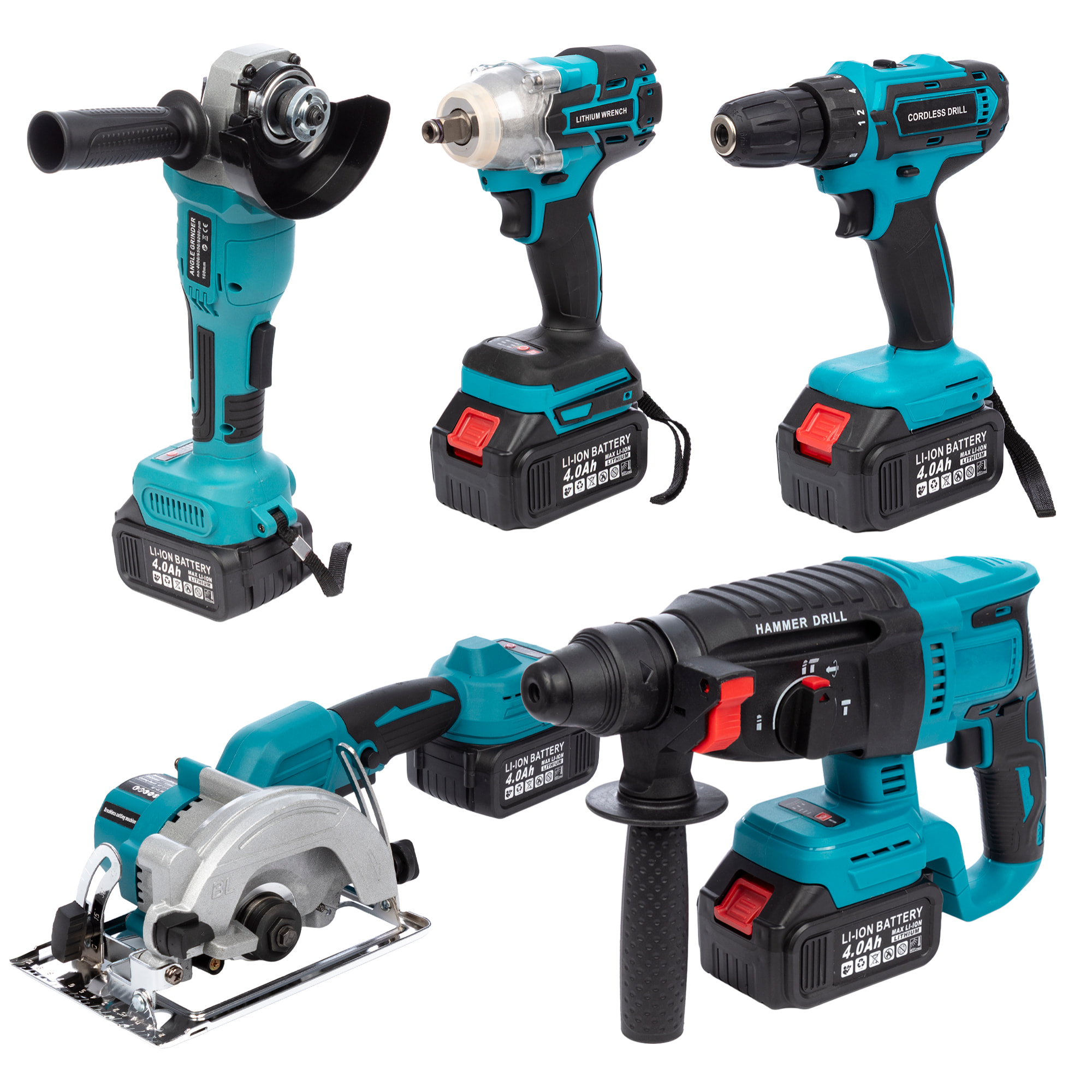 Set de 5 herramientas eléctricas, radial angular, martillo perforador, taladro, sierra de calar y llave de impacto 21V. 4 baterias de 13000 mah