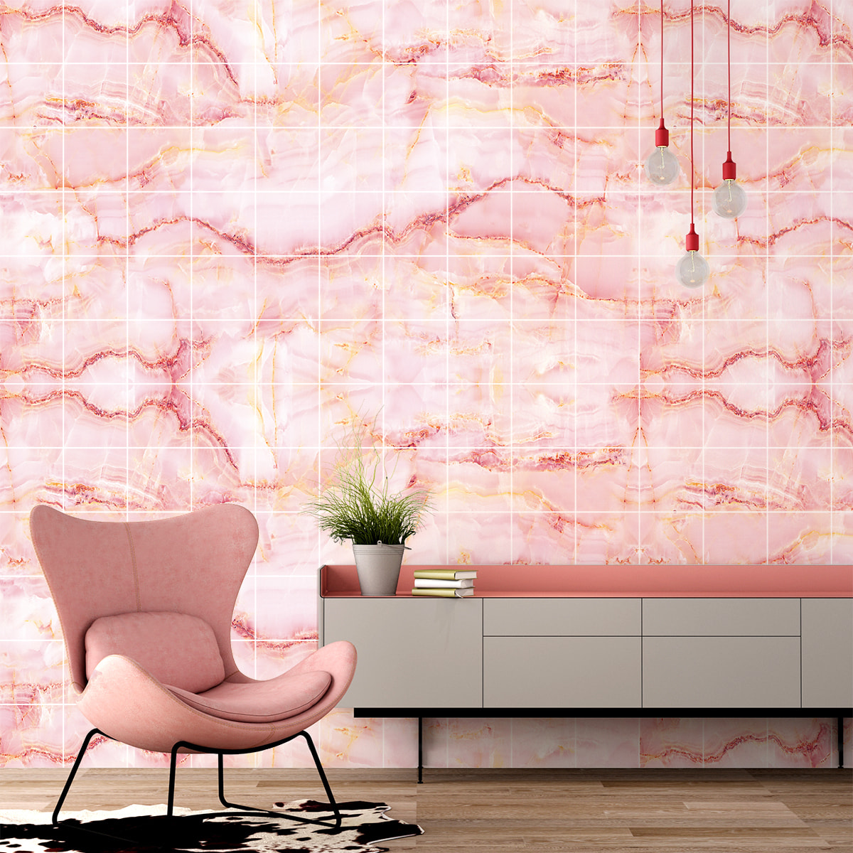 Stickers muraux - Sticker Mural Carrelage adhésif Cuisine Salle de Bain - 60 STICKERS CARRELAGES MARBRE ROSE DE LAS TERRENAS