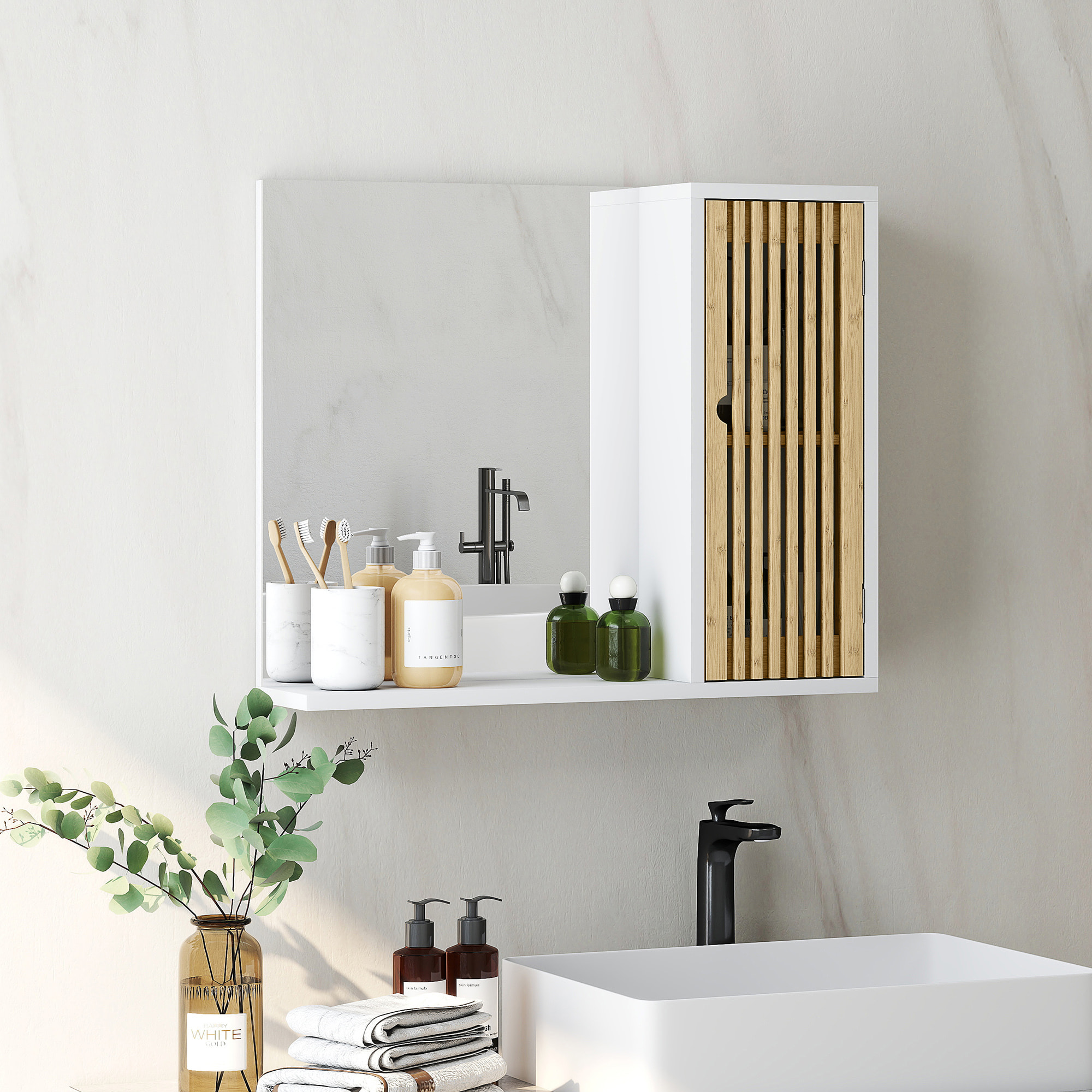 Miroir étagère style cosy - armoire miroir salle de bain 1 porte - bambou blanc