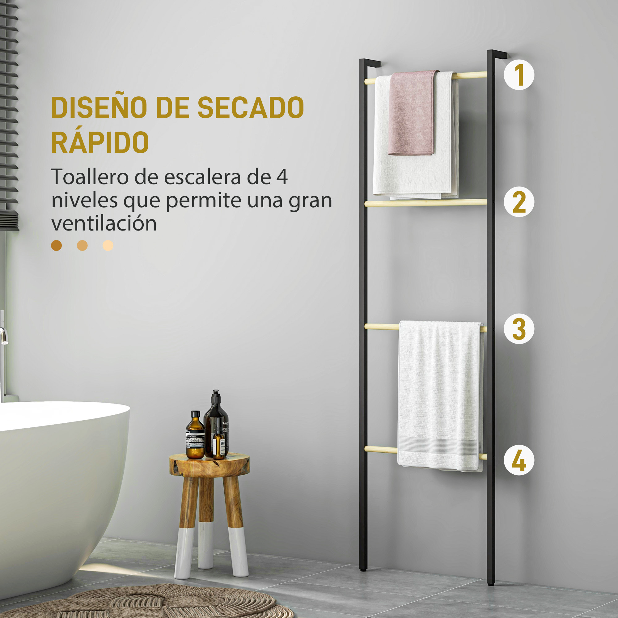 Toallero de 4 Niveles Toallero Escalera Apoyado en la Pared Toallero de Baño con 4 Barras de Bambú y Marco de Acero 49x5,5x167,5 cm Negro y Natural