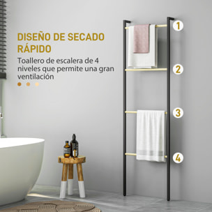 Toallero de 4 Niveles Toallero Escalera Apoyado en la Pared Toallero de Baño con 4 Barras de Bambú y Marco de Acero 49x5,5x167,5 cm Negro y Natural