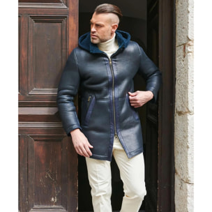 Cappotto montone blu Shearling uomo cappuccio staccabile