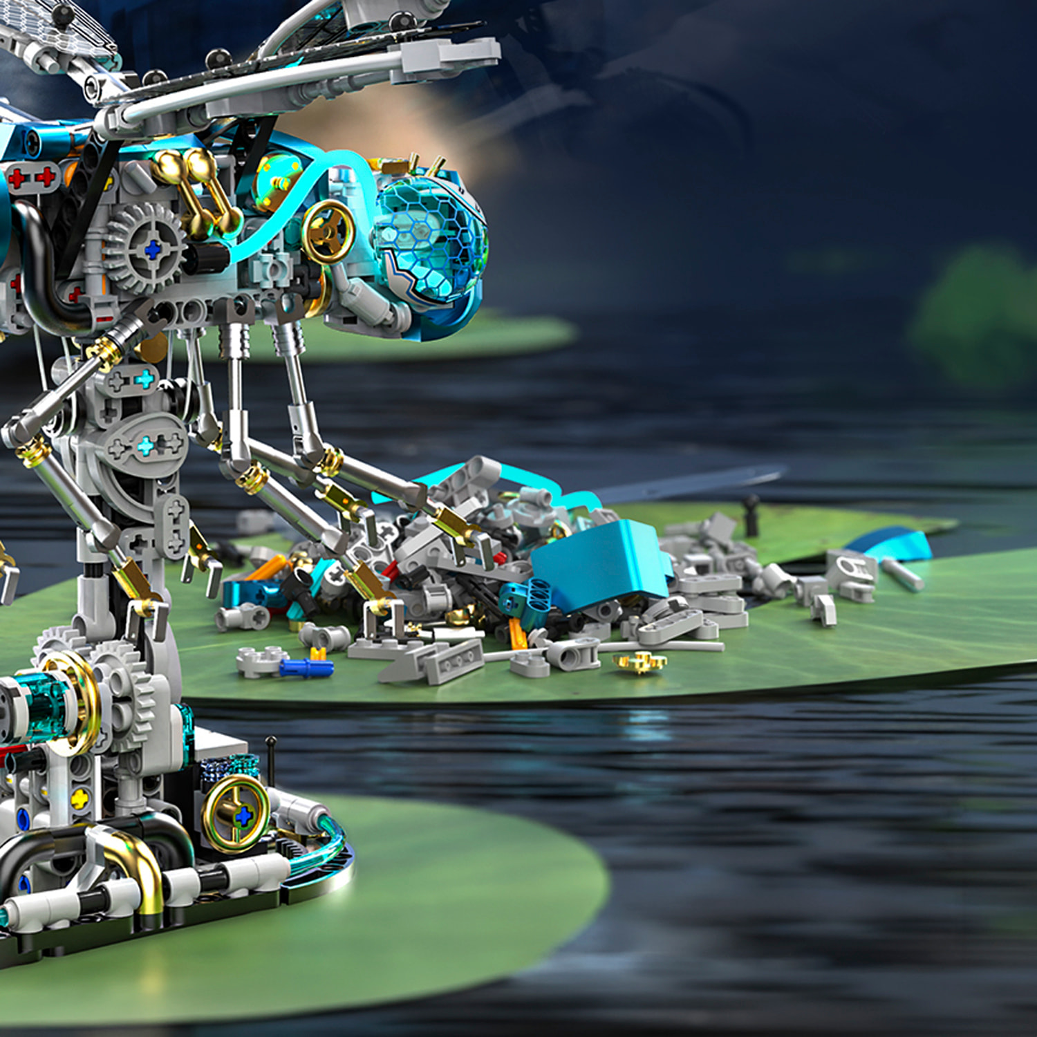 Maqueta 3D mecanizada de libélula con 866 piezas, equipada con luces y mecanismo de manivela que permite movimiento dinámico.