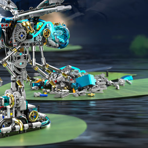 Maqueta 3D mecanizada de libélula con 866 piezas, equipada con luces y mecanismo de manivela que permite movimiento dinámico.