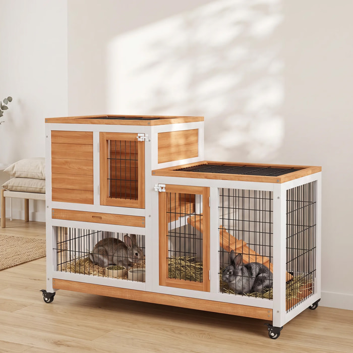 Clapier lapin mobile - niche, rampe, plateau déjection, 2 portes - bois blanc