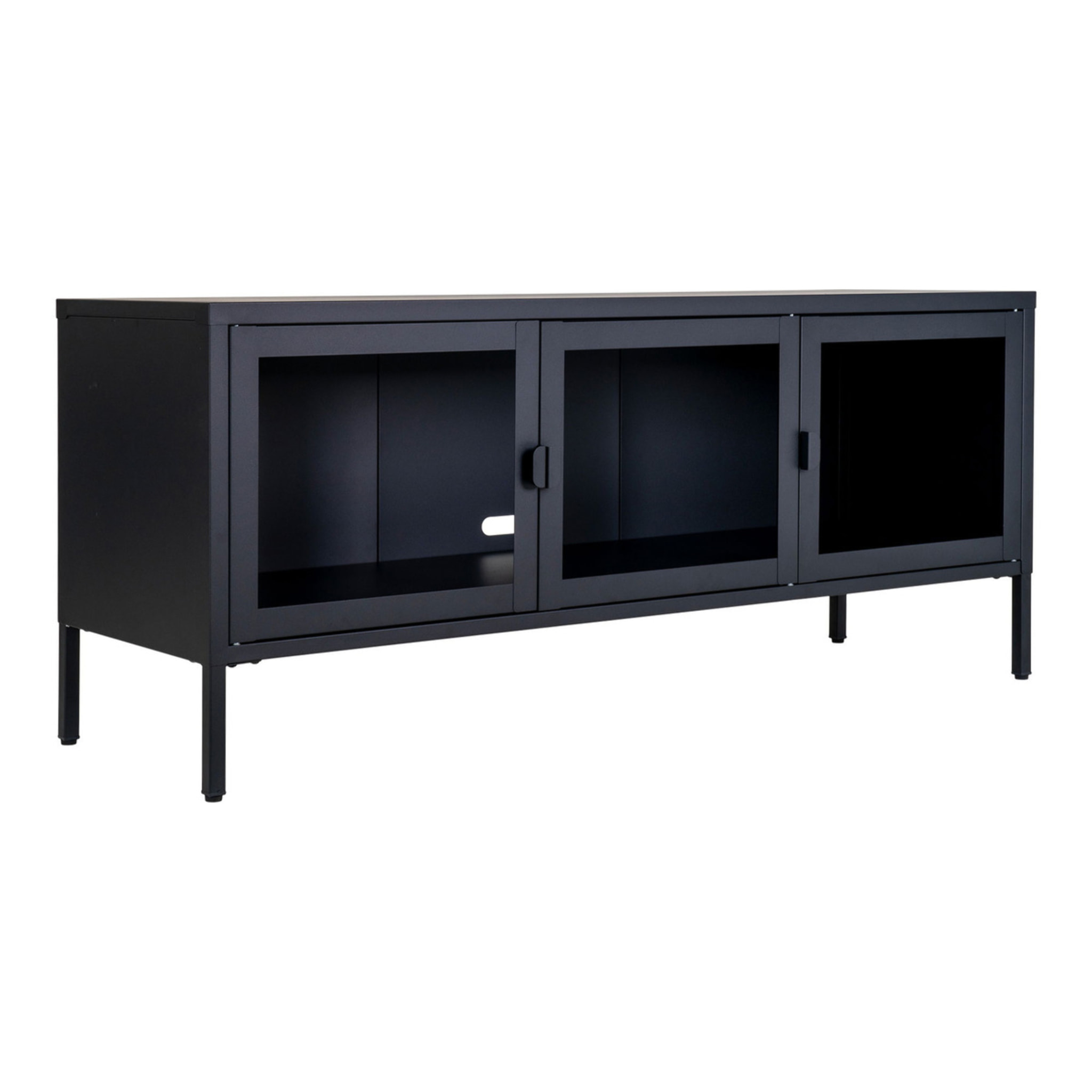 Mobile TV Brisbane in acciaio nero con 3 ante in vetro, 130×40×55 cm