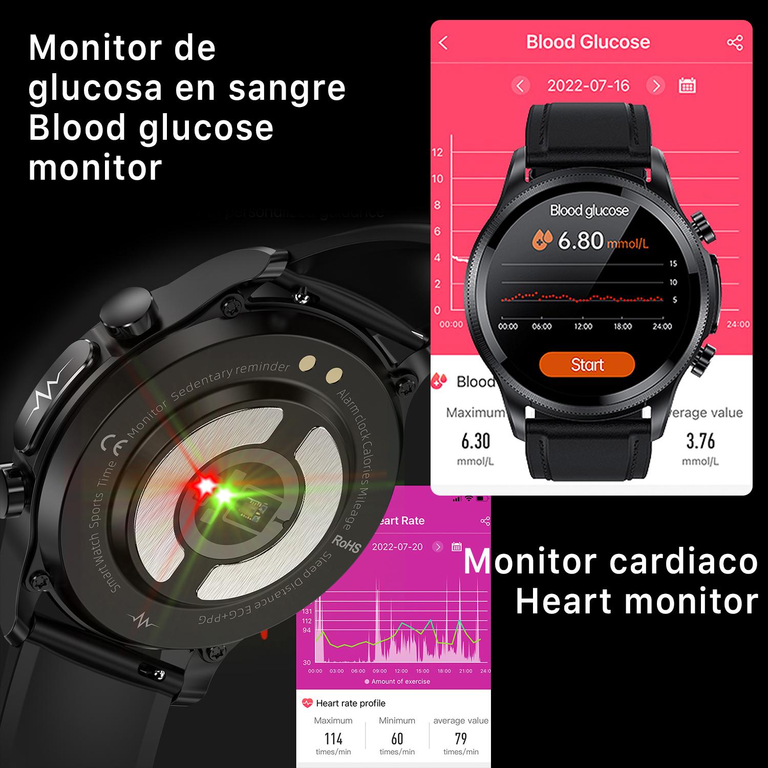 Smartwatch E400 con detección de glucosa en sangre, monitor de tensión y O2. ECG con medición en pecho. Correa de cuero.
