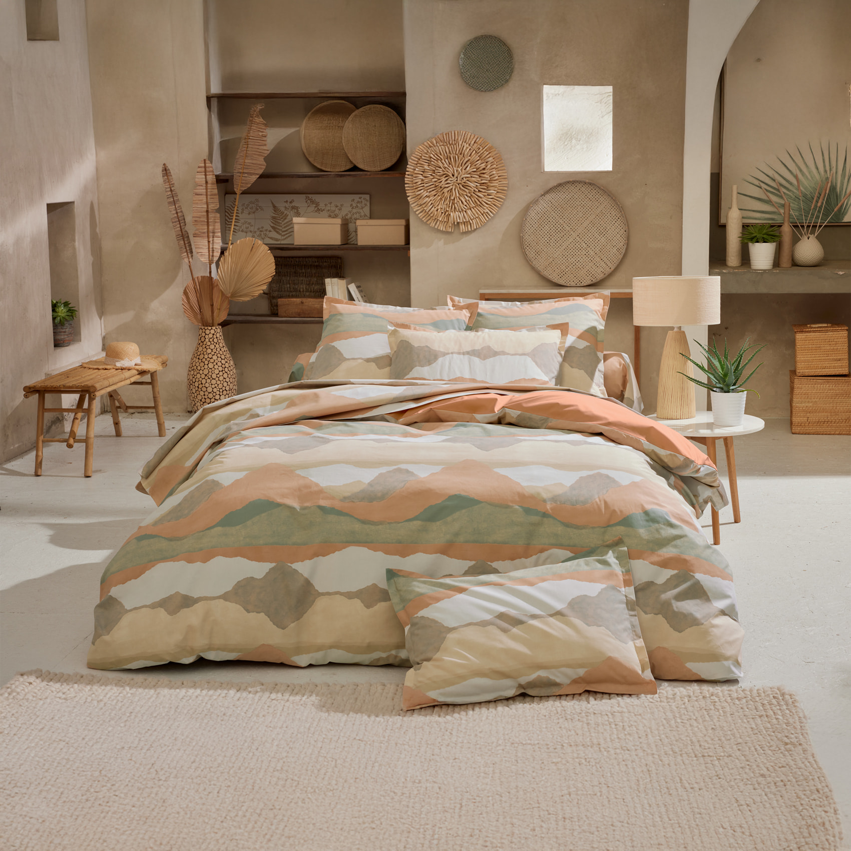 Housse de couette percale de coton paysage abstrait - Beige