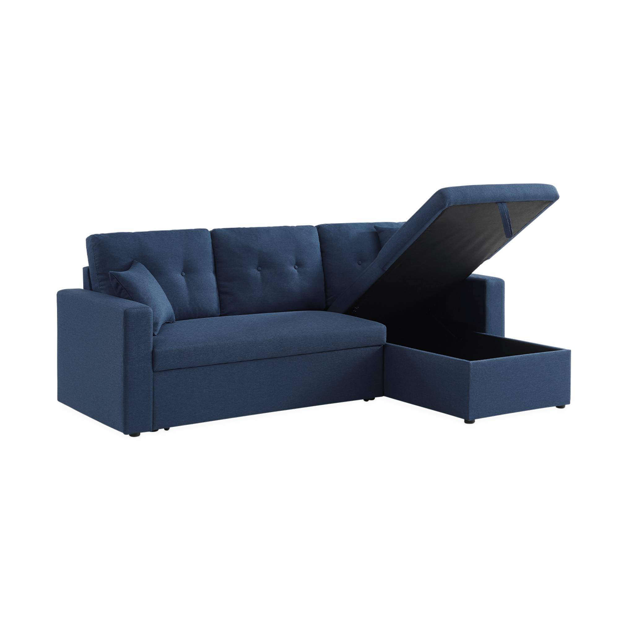 Canapé d'angle convertible en tissu bleu - IDA - 3 places. fauteuil d'angle réversible coffre rangement lit modulable