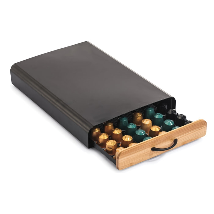 Cajón para cápsulas Nespresso ELIE 26,5x39x6cm en Acero y bambú con estilo Industrial