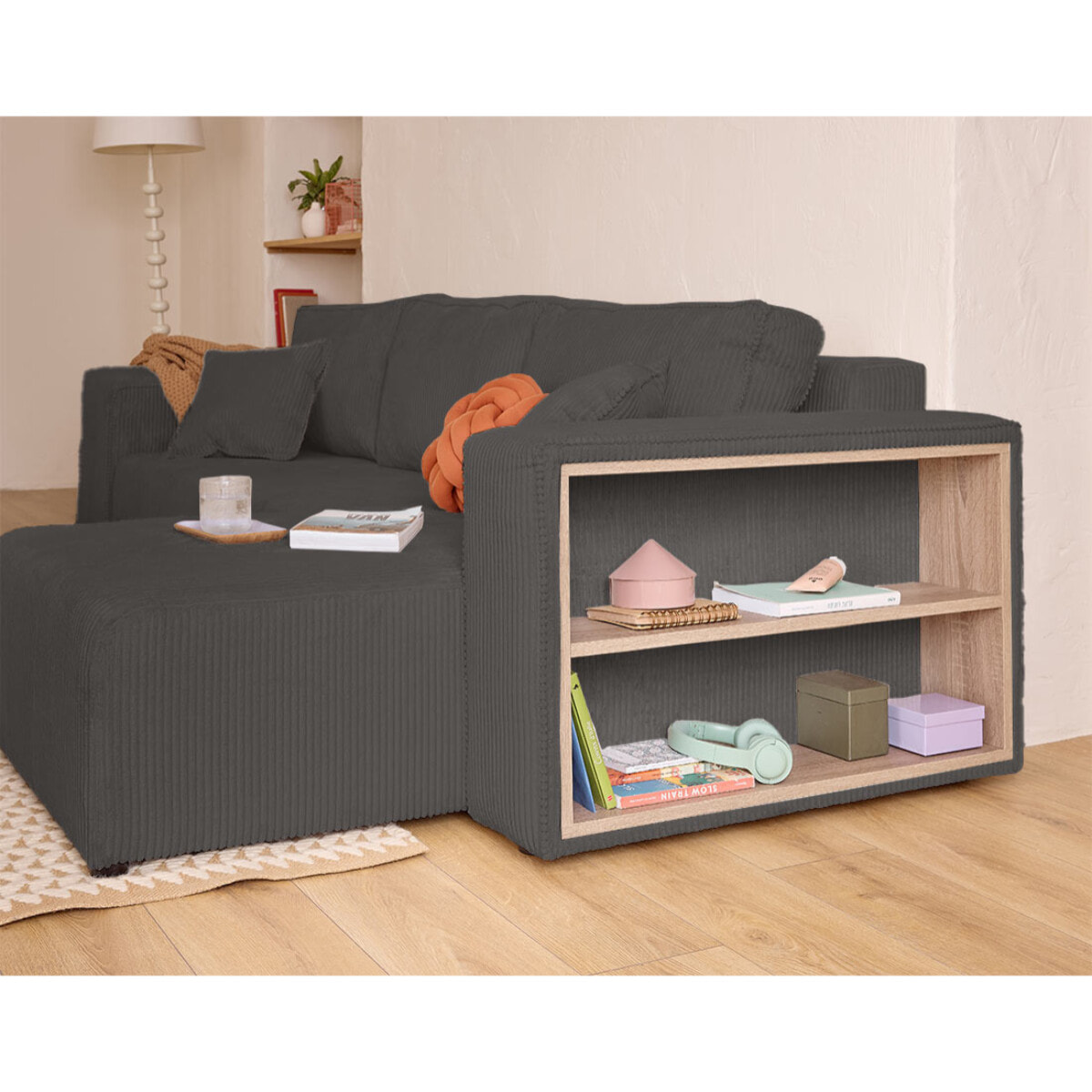 Topaze - canapé d'angle réversible 4 places - convertible avec coffre, tablette et poufs - en velours côtelé - Gris