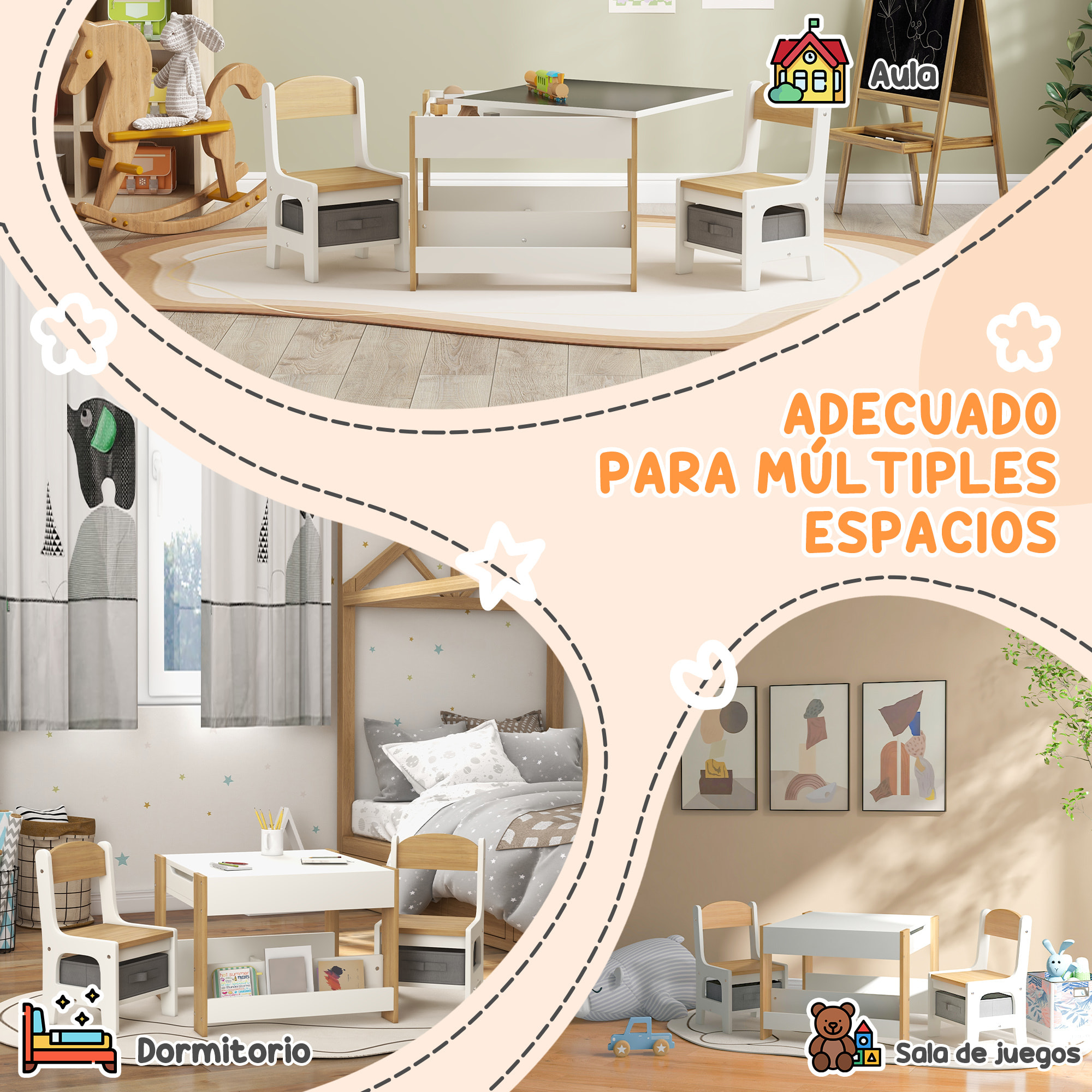 Juego de Mesa y 2 Sillas Infantiles Mesa con Sillas para Niños 3 en 1 con Pizarra Cajones de Tela y Espacio de Almacenamiento para Guardería Sala de Juegos Blanco y Natural