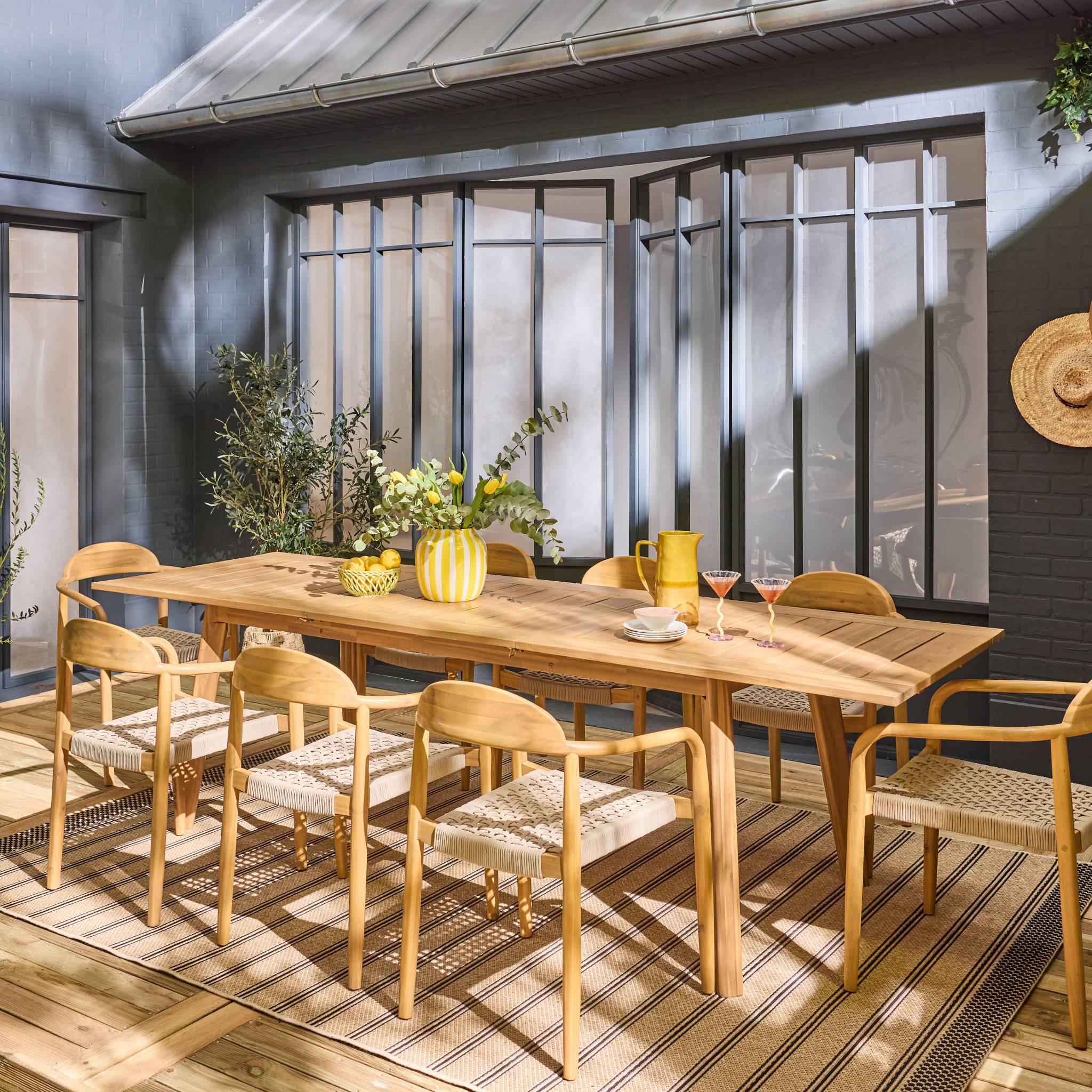 Table de jardin extensible bois d'acacia + 8 assises PALENA et CERINA  naturel et beige 275 x 100 x 75 cm