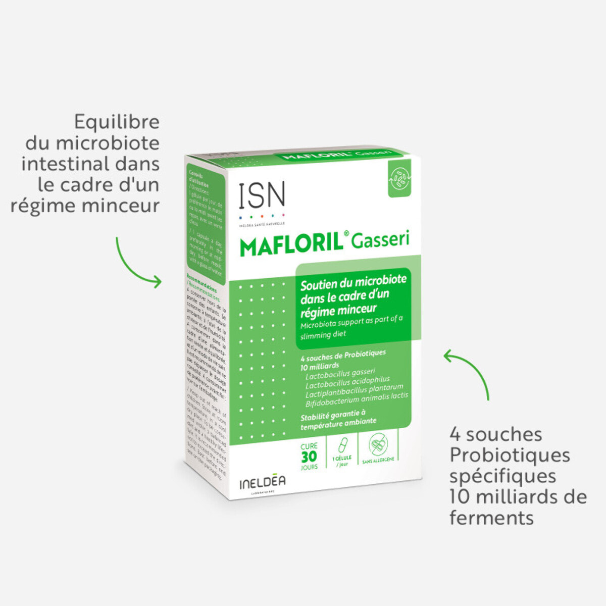 ISN - Mafloril Gasseri - Complément alimentaire - 4 souches de probiotiques - Soutien de la flore intestinale dans le cadre d'un régime minceur - Cure 30 jours