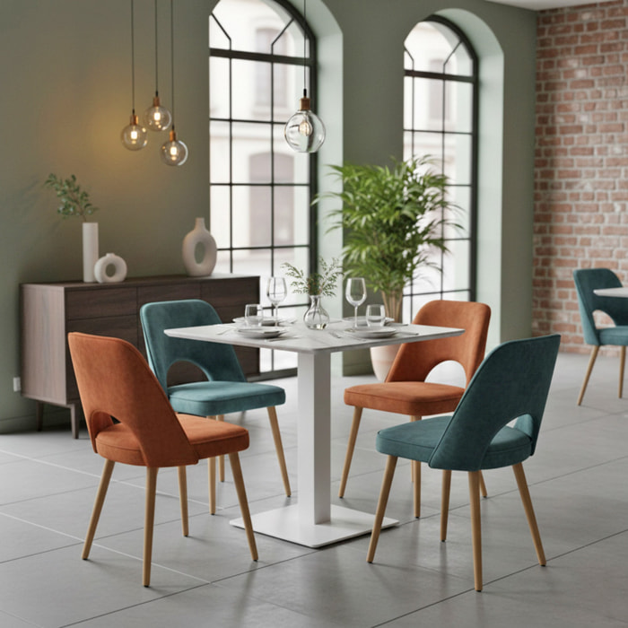 Tavolo quadrato con top marmo grigio chiaro e colonna centrale bianca - Jago