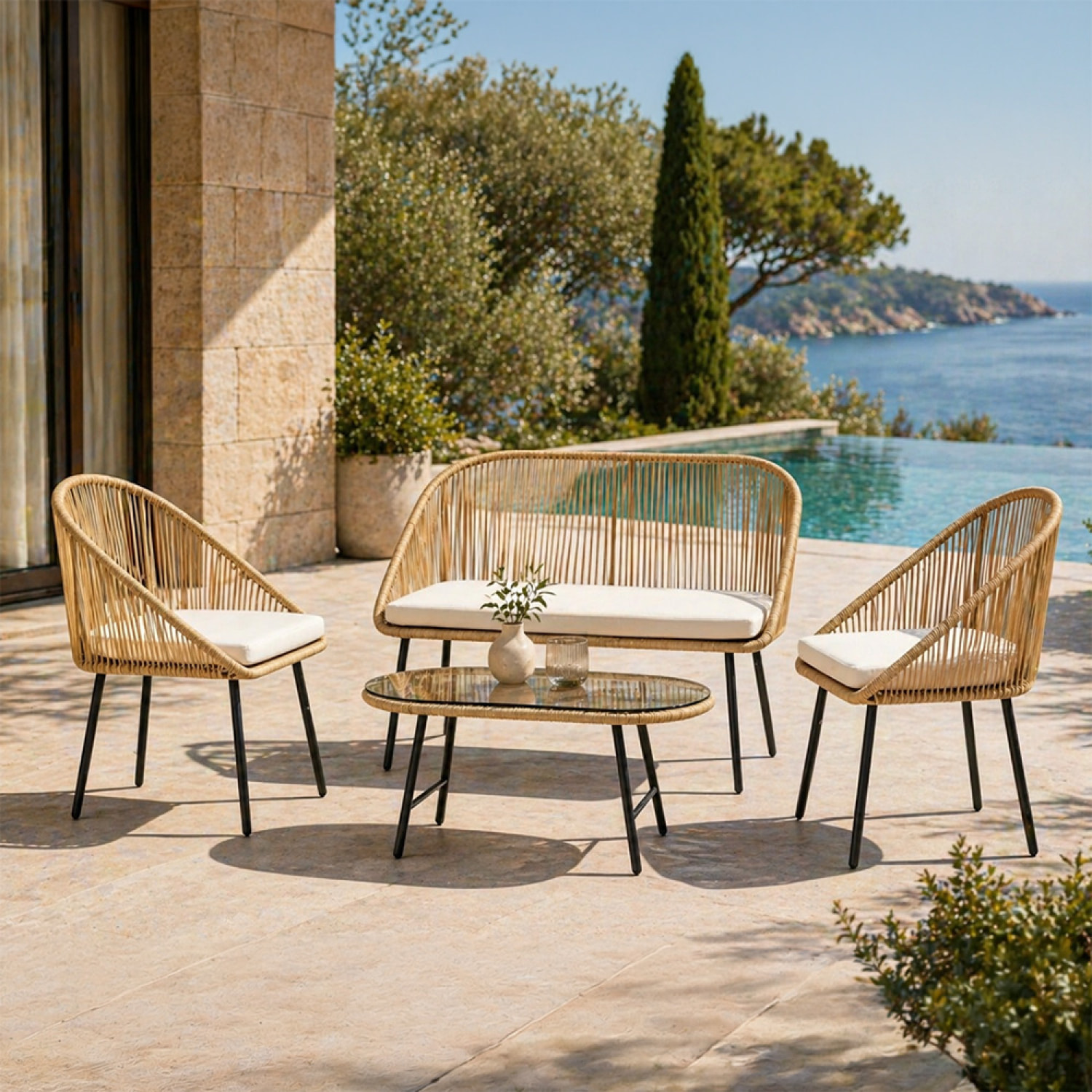 Salon de jardin 4 places avec table basse effet rotin naturel HELLO