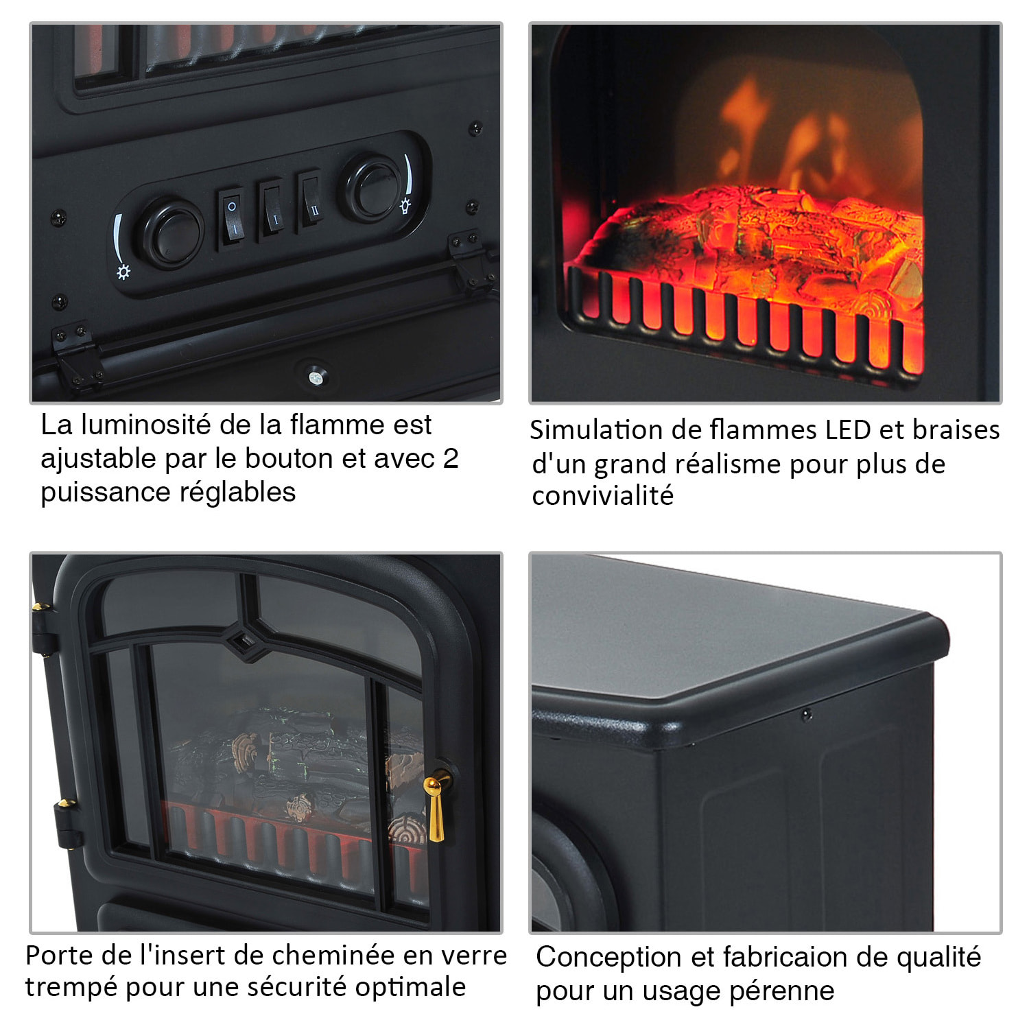 Cheminée électrique poêle style rétro thermostat 1000-2000 W noir