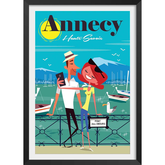 Affiche Le pont des amours Affiche + cadre en bois - Noir