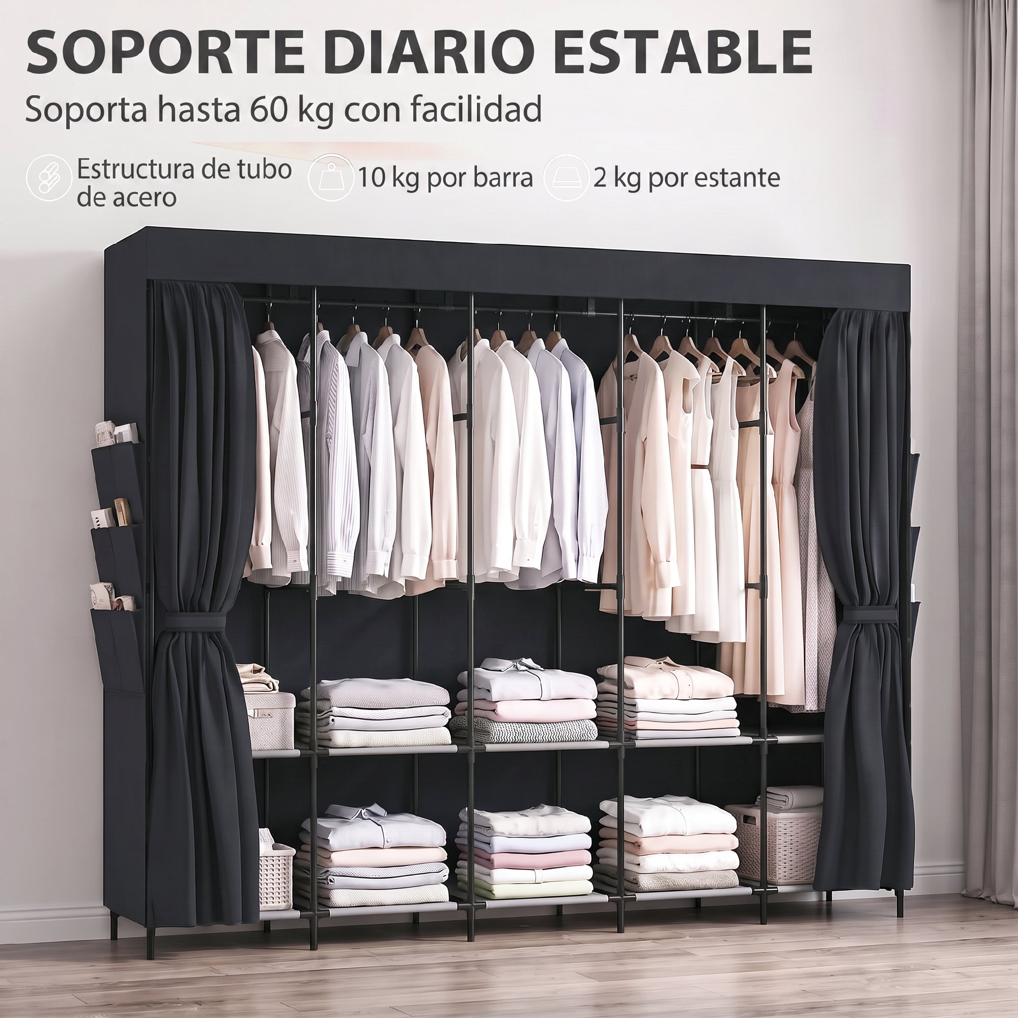 HOMCOM Armario de Tela, Armario Ropero con 5 Barras, 5 Estantes, 6 Bolsillos Laterales, Cremallera, Marco de Acero, para Dormitorio, Espacio Pequeño, 212x45x167 cm, Gris