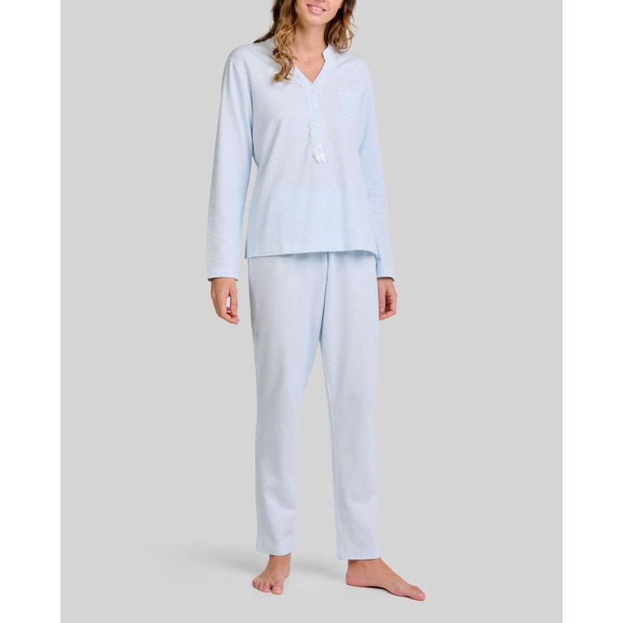 Pijama mujer con detalle de encaje en la abertura de botones con cómoda manga larga y pantalón largo