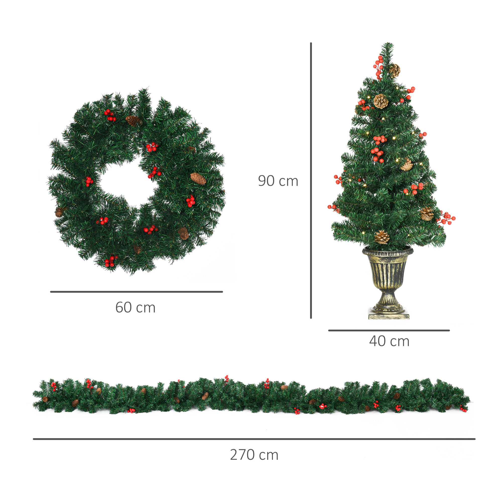 HOMCOM Conjunto de Árbol de Navidad de Entrada 4 Piezas Adornos Navideños con 2 Árboles de Navidad Guirnalda y Corona con Luces LED Blanco Cálido Bayas Rojas 40x40x90 cm Verde