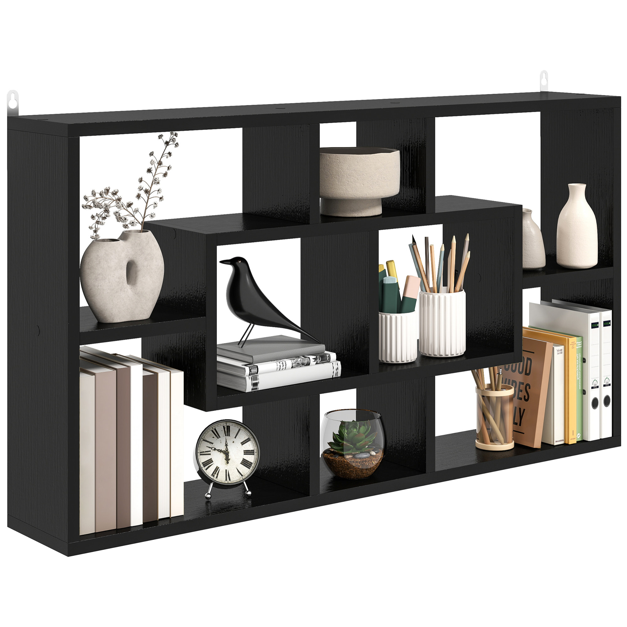 Estante de Pared Decorativo, Estantería para Libro, CDs, Baldas Flotantes con 8 Cubos, 85x14,5x47,5 cm, Carga 20kg, para Oficina, Estudio, Salón, Negro